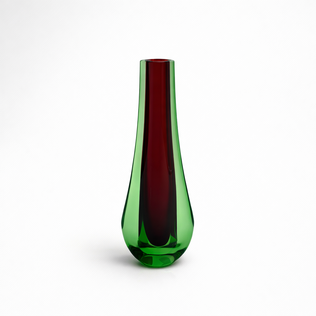 Vintage Slim Green and Red Vase, 9¾" H
