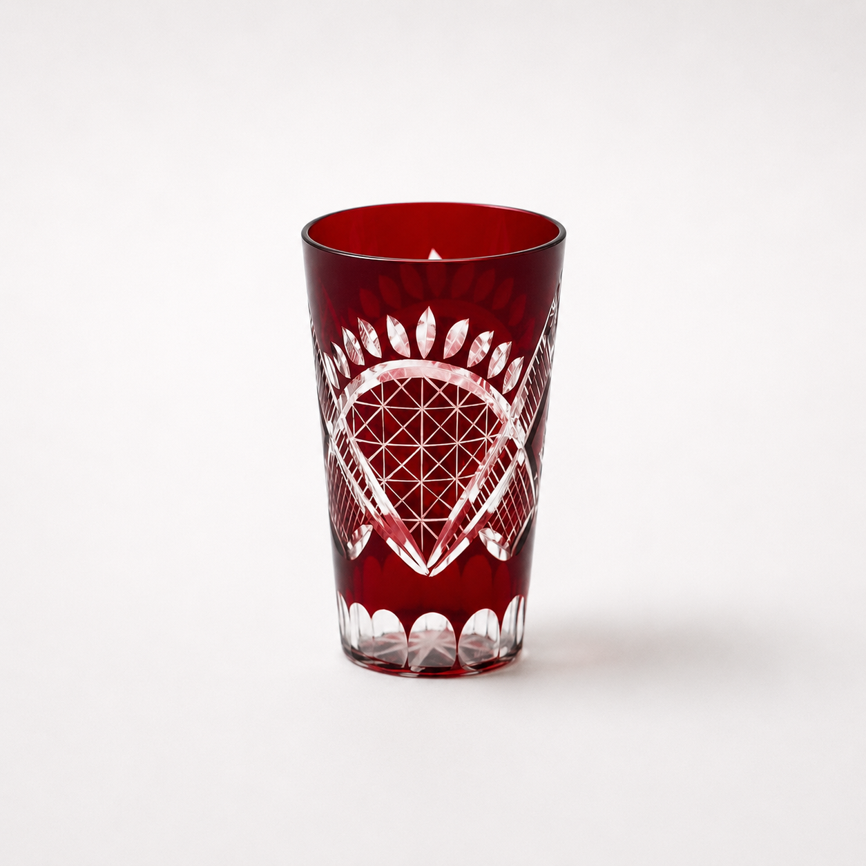 Vintage Ruby Red Cut-to-Clear Tumbler, 4″ H