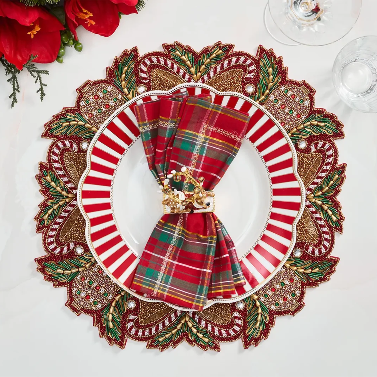 Candy Cane Bow Placemat in Red, Green & Gold - Set of 4
