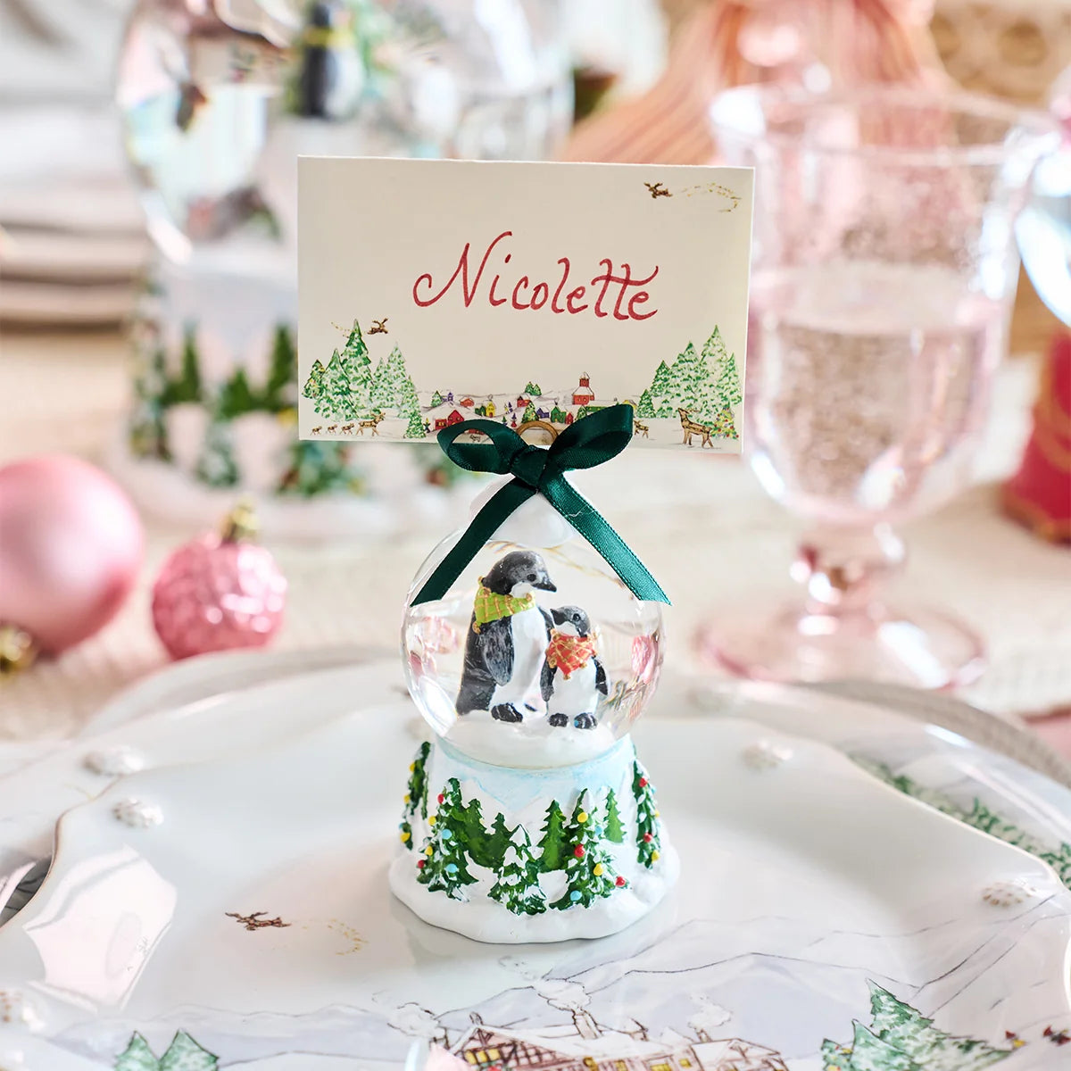 Berry & Thread North Pole Penguin Snow Globe Place Card Holder - Set of 2