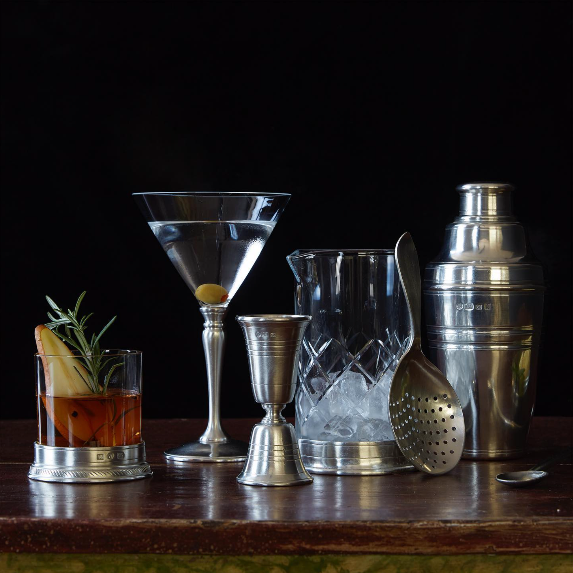 Pewter Mixing Glass & Cocktail Strainer Set