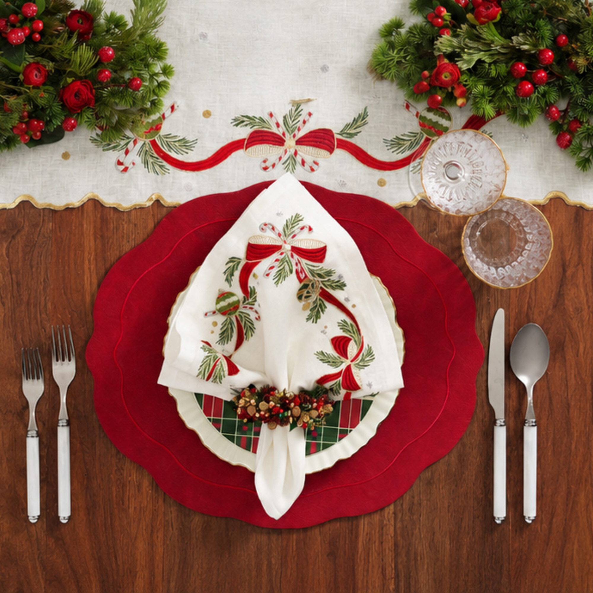 Tinsel Bow Runner in White/Red/Green