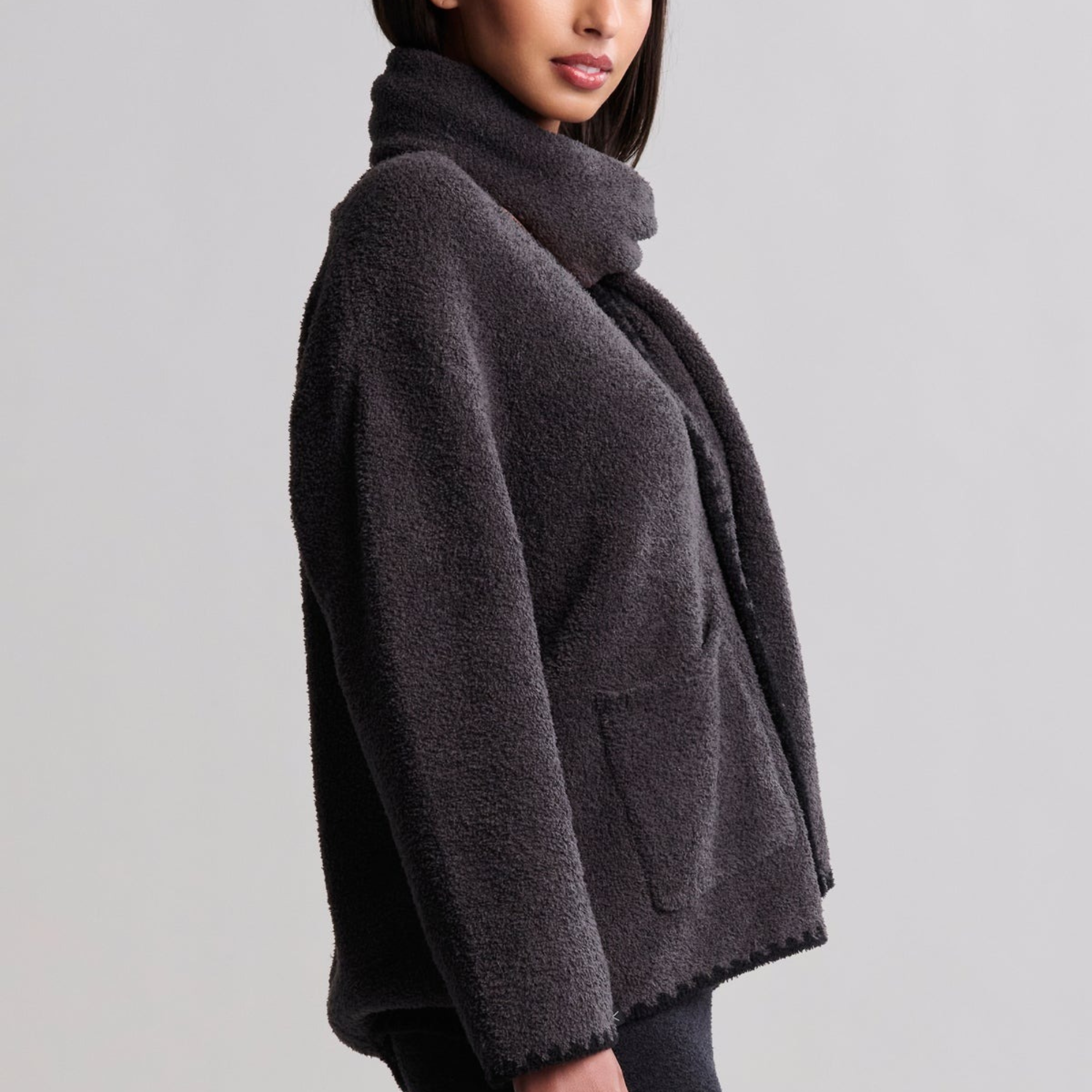 #Color_Carbon | CozyChic Blanket Stitch Cardigan with Detachable Scarf