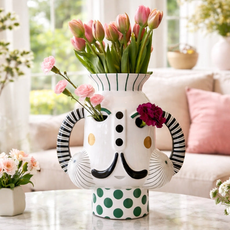 King Vase Glossy White with Green & Gold Graphics