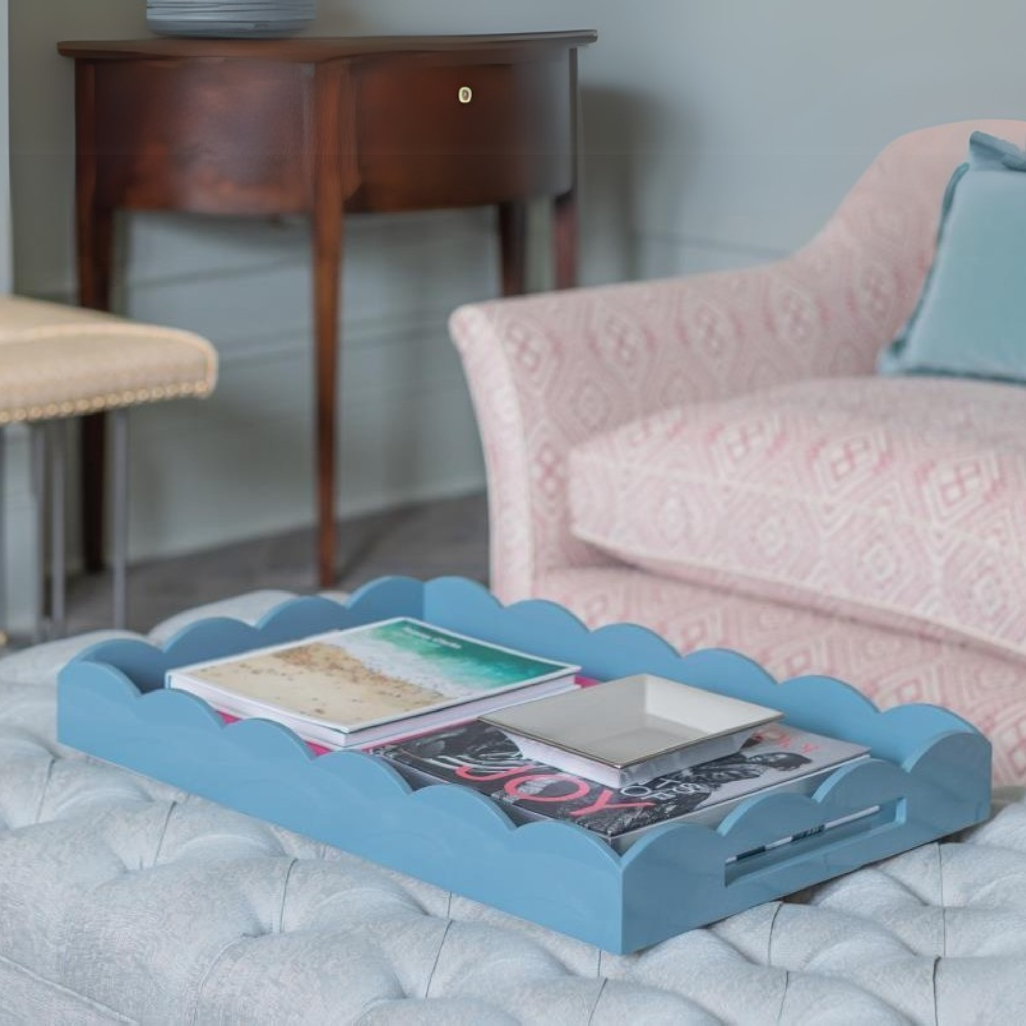 Large Lacquered Scallop Ottoman Tray - Chambray Blue