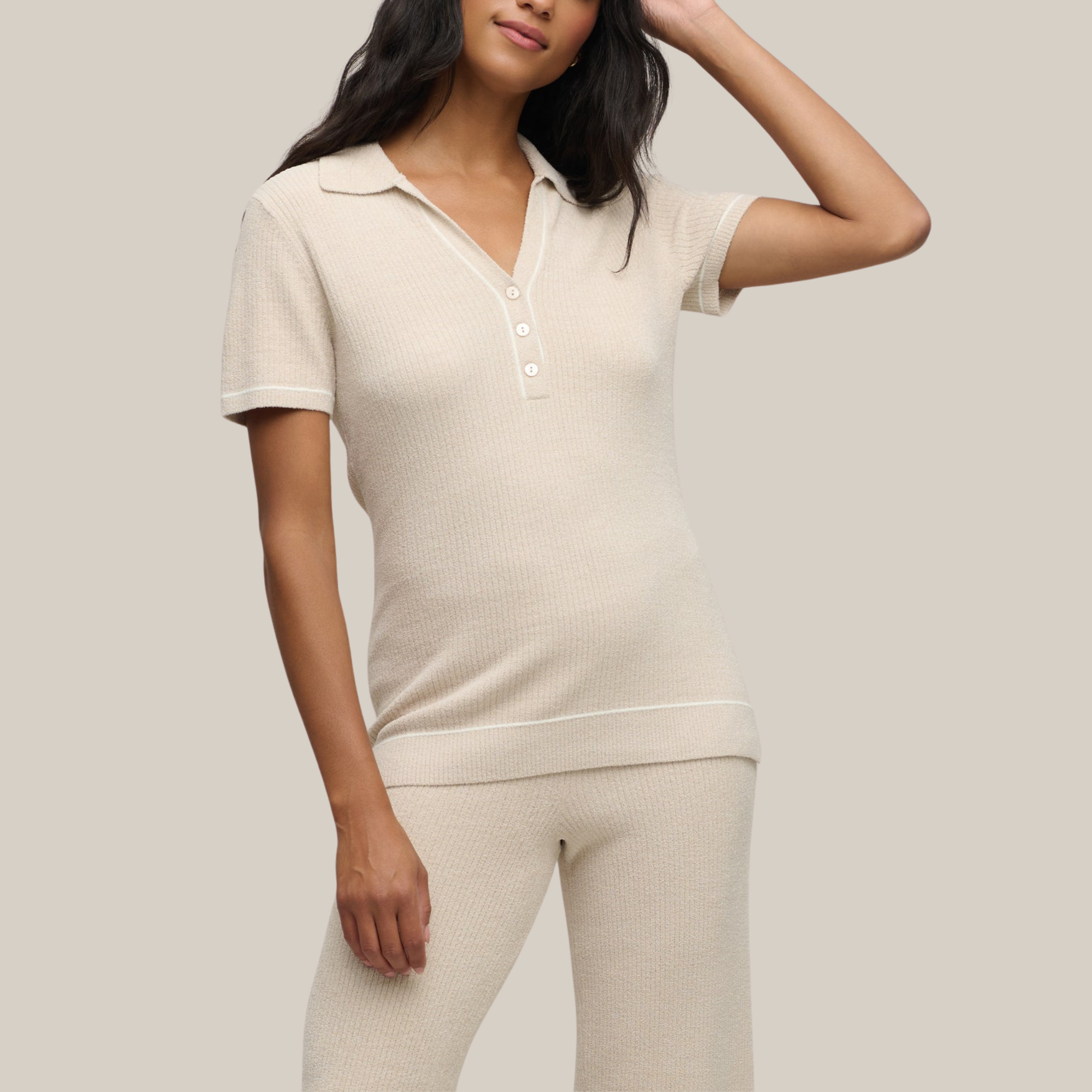 CozyChic Ultra Lite Contrast Stripe Ribbed Collar Henley