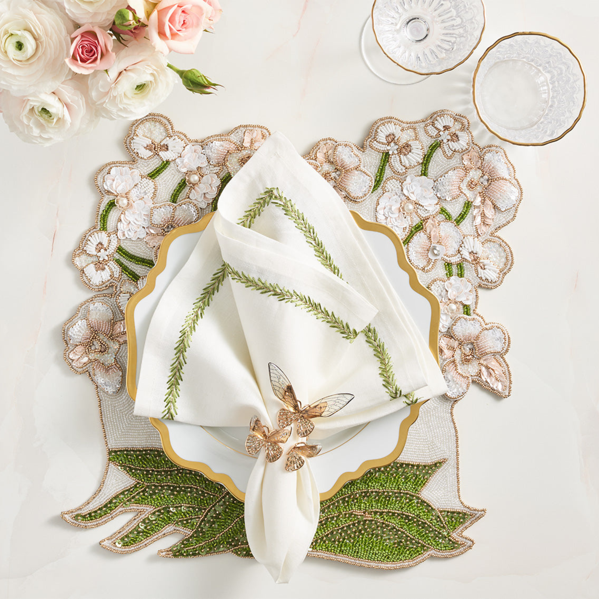 Jardin Napkins in White & Green - Set of 4