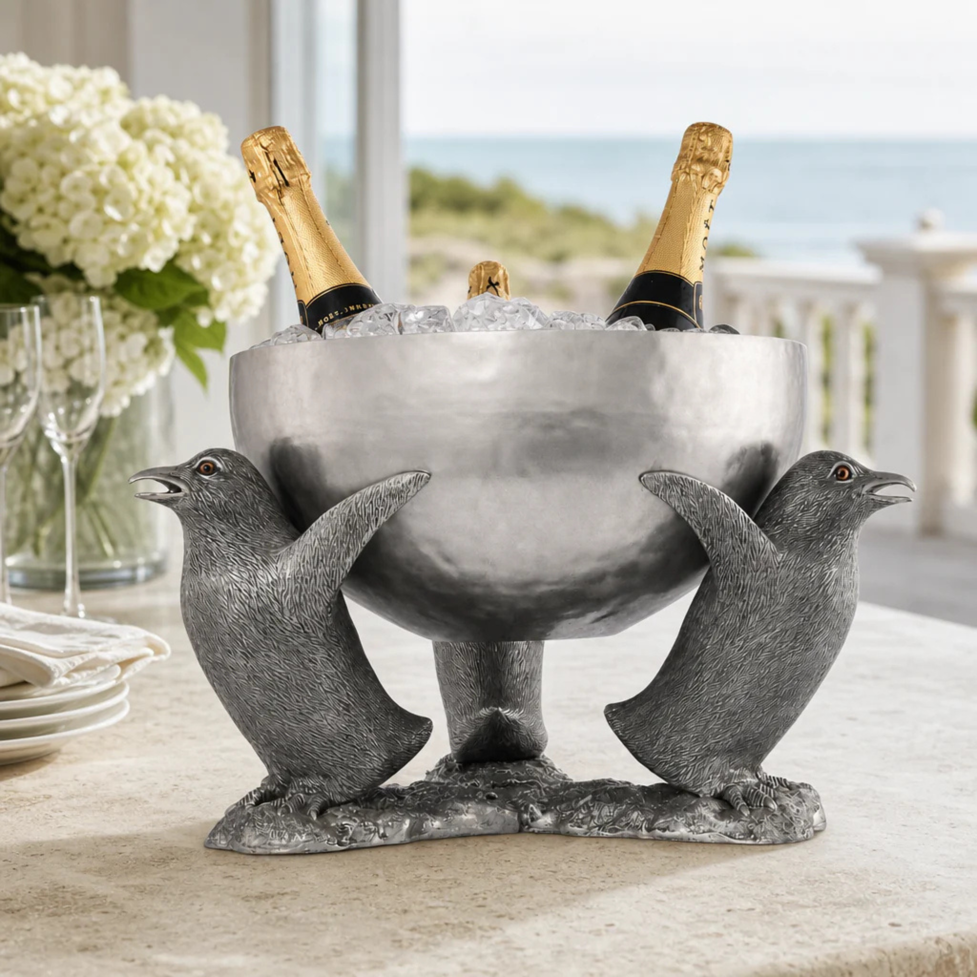 Pewter Penguin Ice Tub: Elegant Coastal Chill