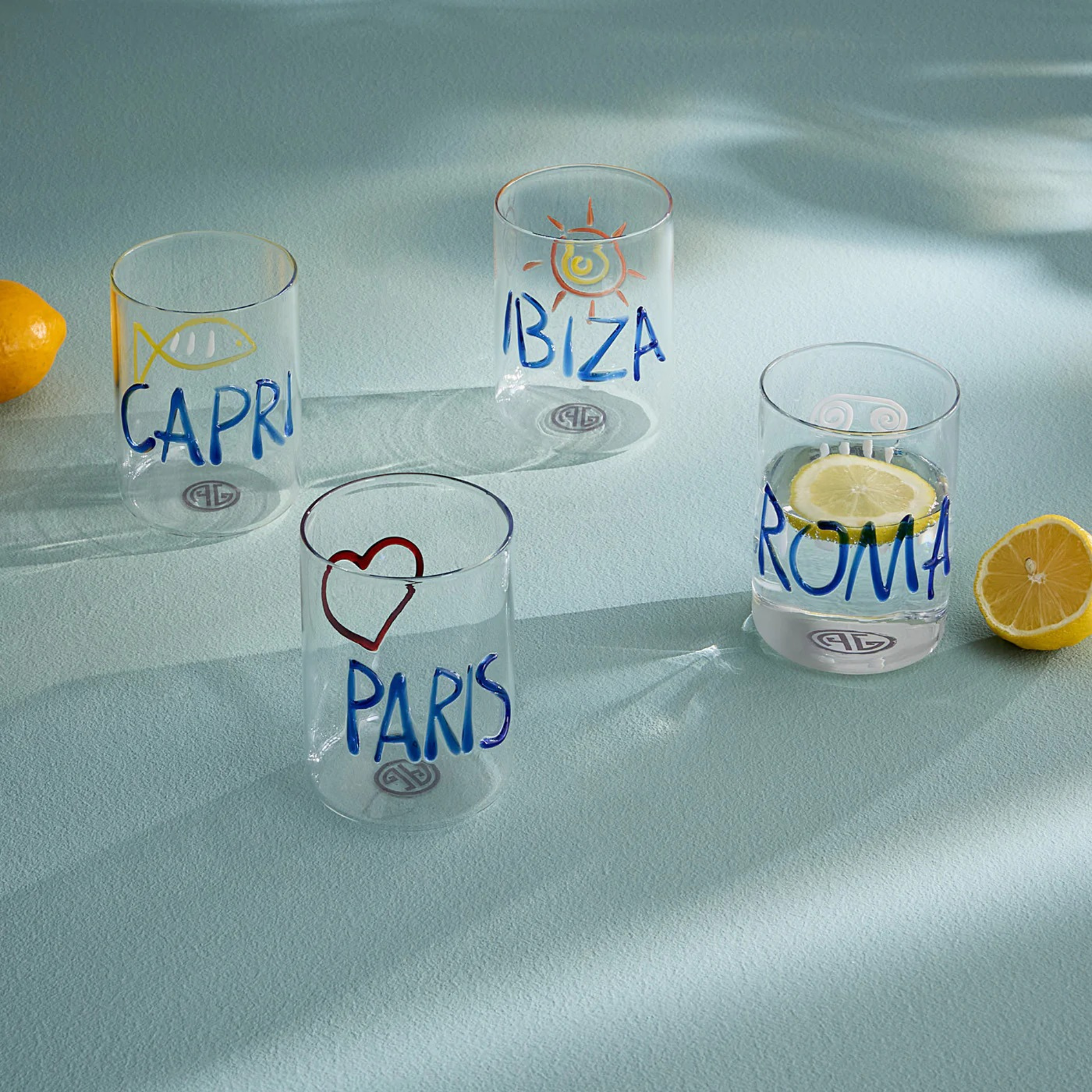 Jet Set Glassware Set: Paris, Roma, Ibiza, Capri