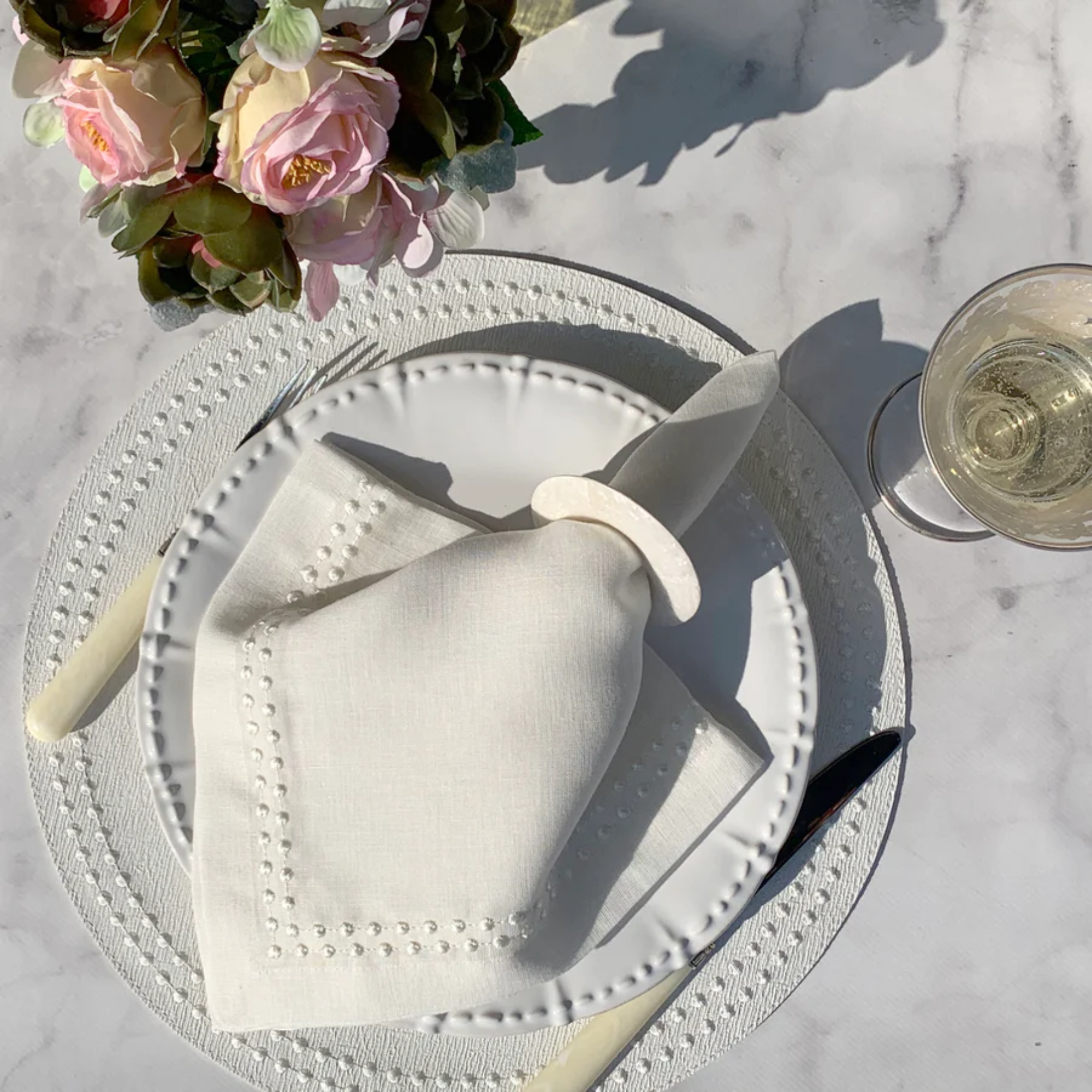Pearls Embroidered Linen Napkins in White - Set of 4