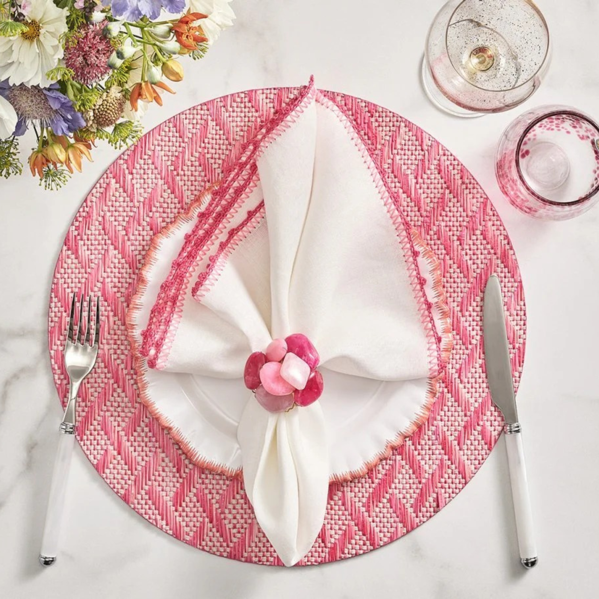 Knotted Edge Napkin in White, Pink & Blush - Set of 4