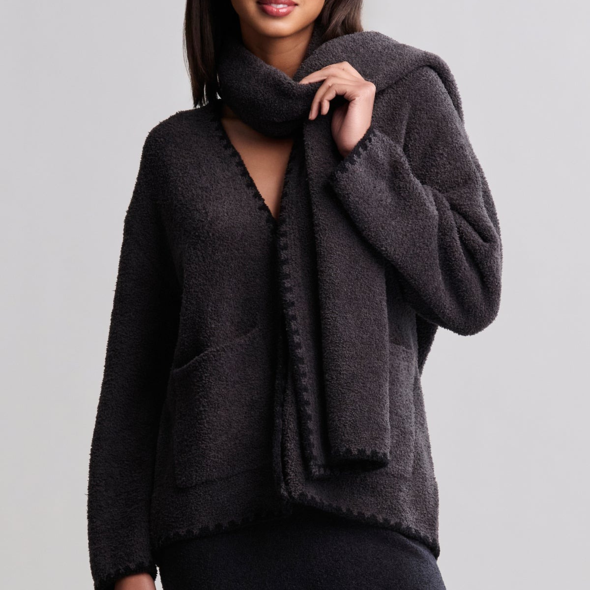 #Color_Carbon | CozyChic Blanket Stitch Cardigan with Detachable Scarf