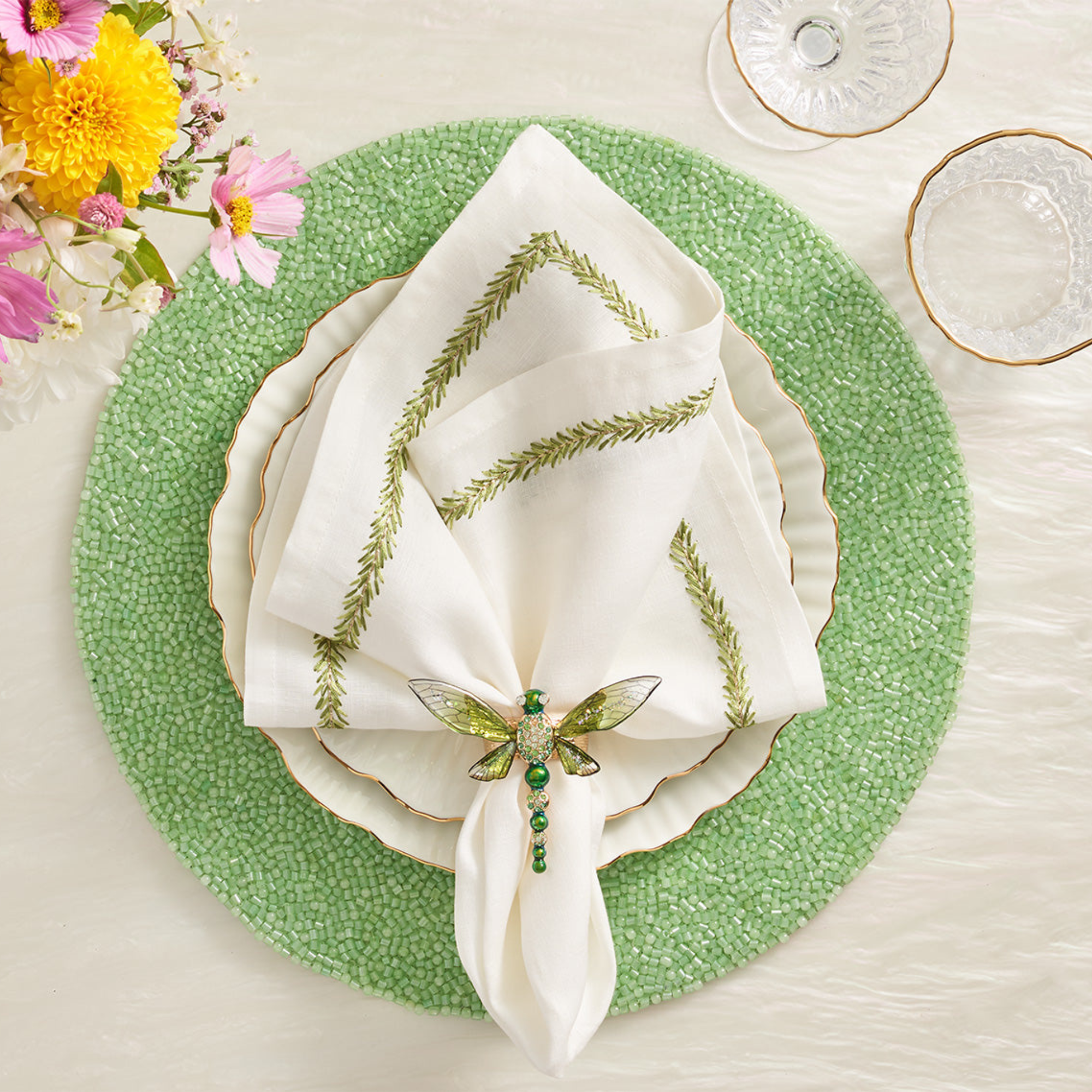 Jardin Napkins in White & Green - Set of 4