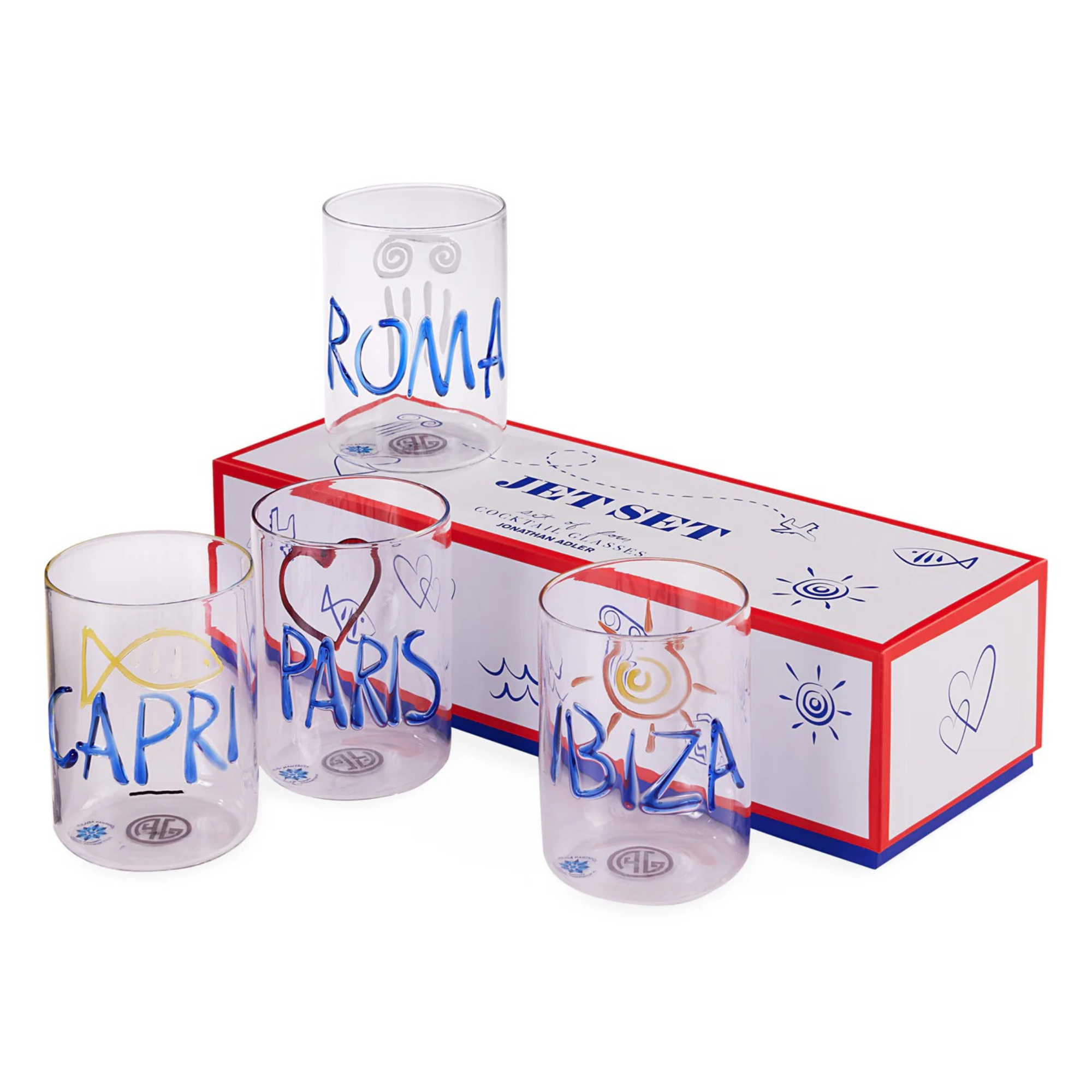 Jet Set Glassware Set: Paris, Roma, Ibiza, Capri