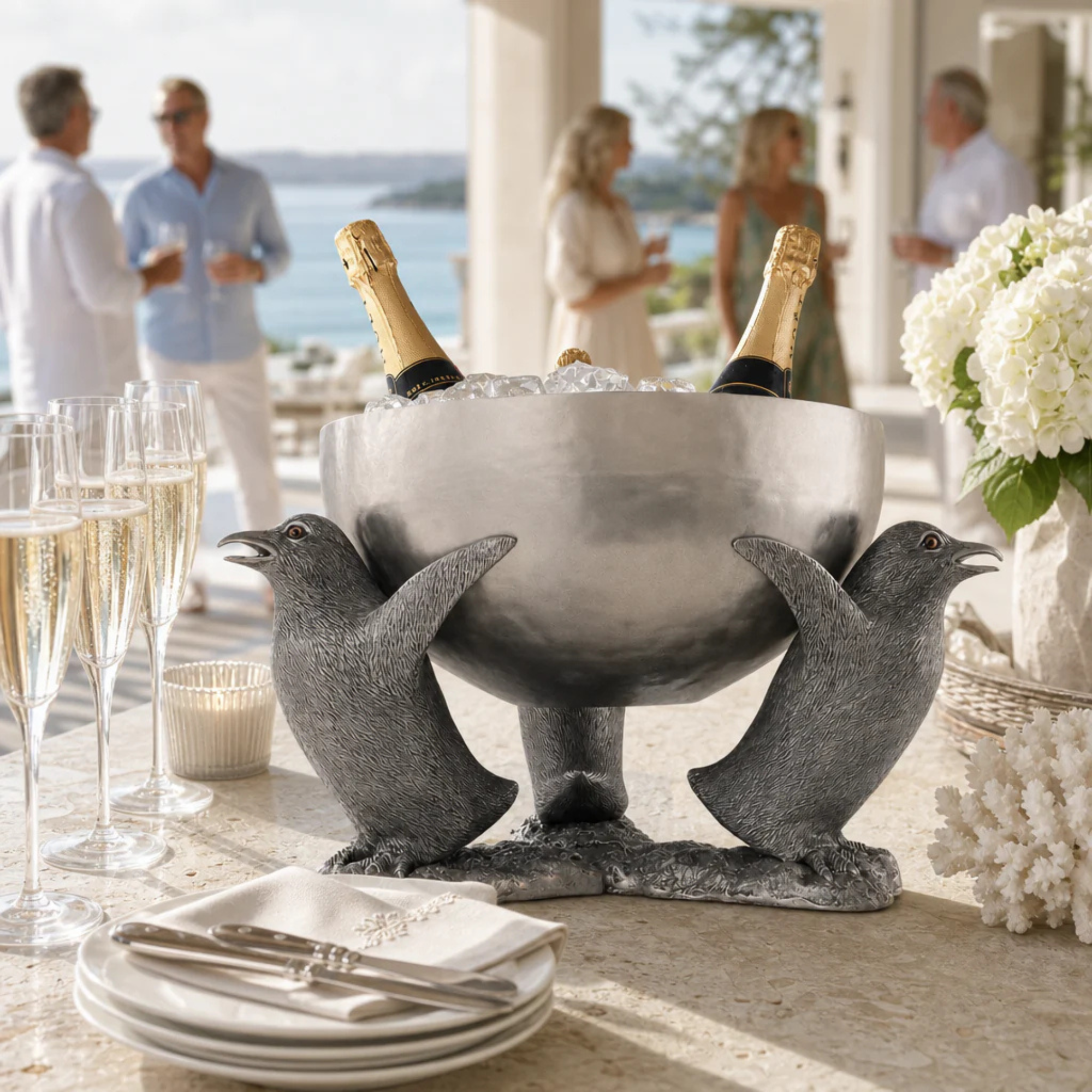 Pewter Penguin Ice Tub: Elegant Coastal Chill