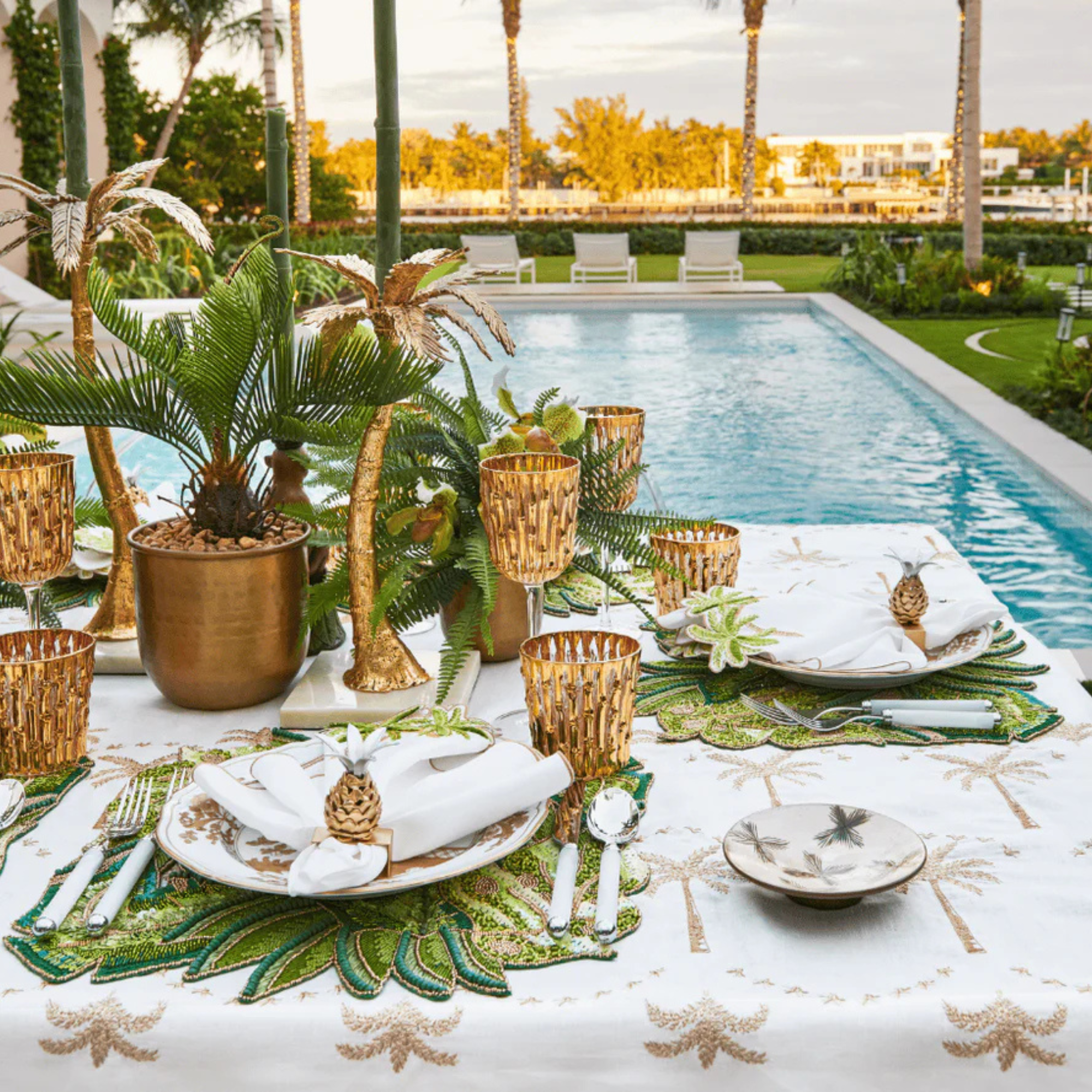 Embroidered Palm Tablecloth in White, Natural & Gold
