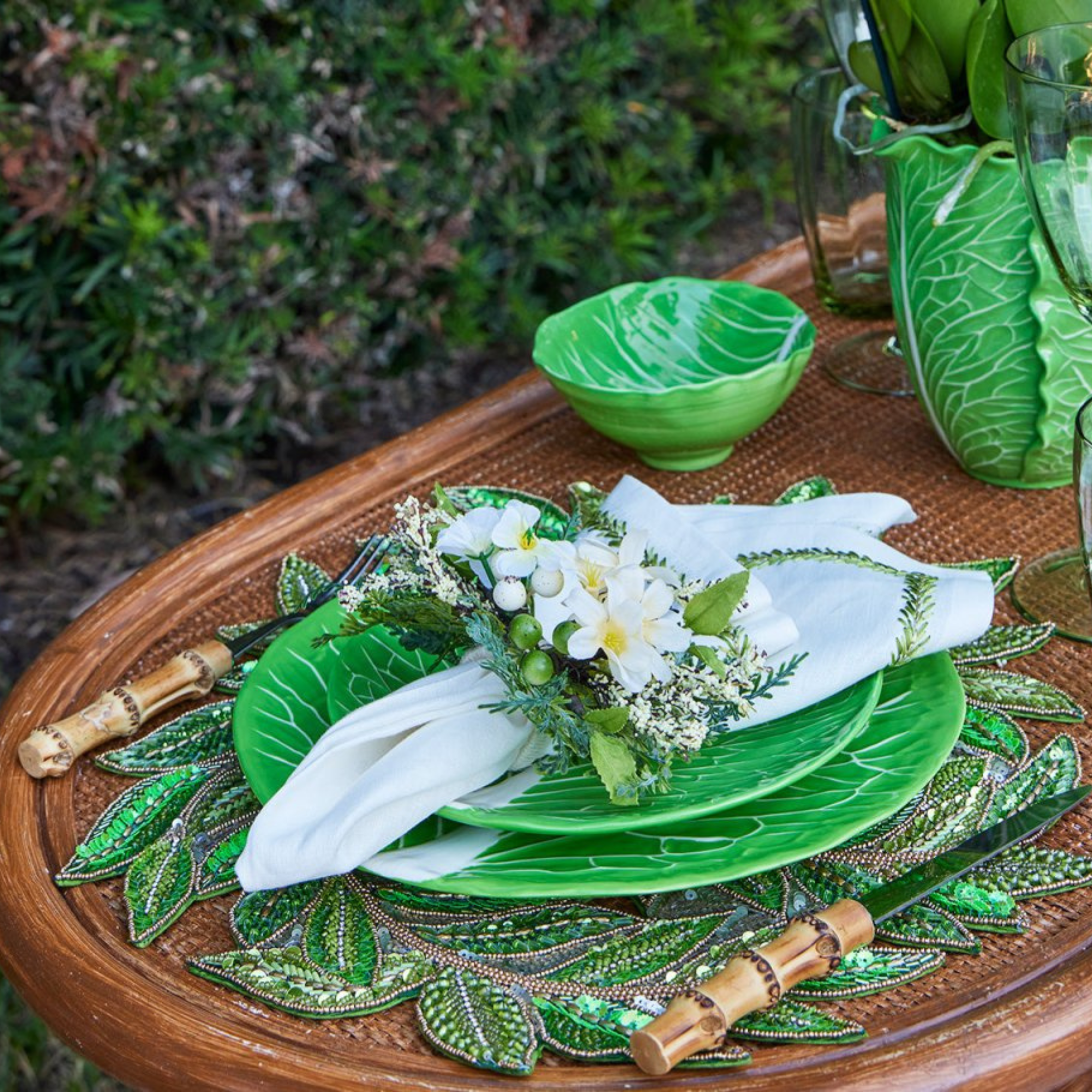 Jardin Napkins in White & Green - Set of 4