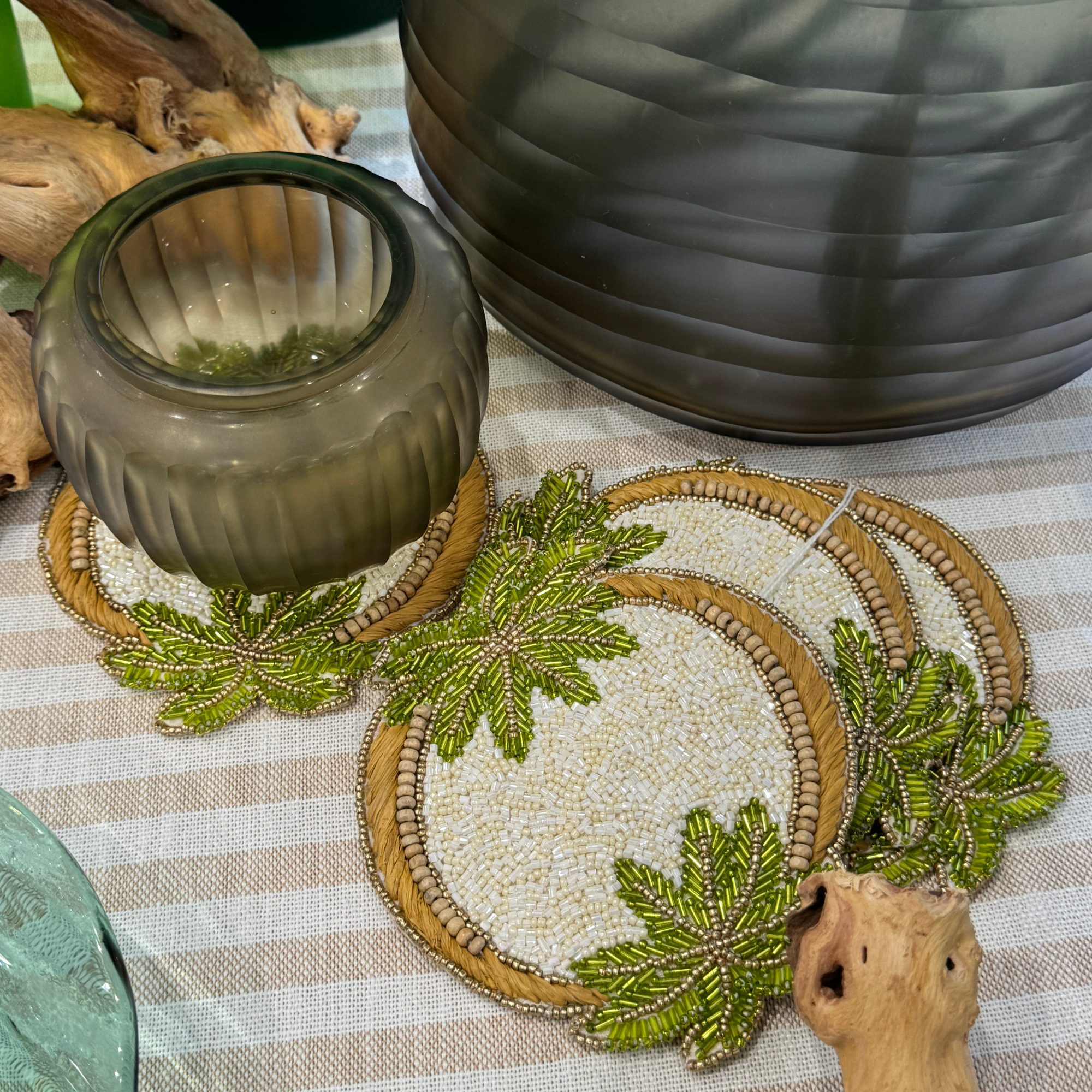 Oasis Coasters in Ivory, Green, & Gold - Set of 4