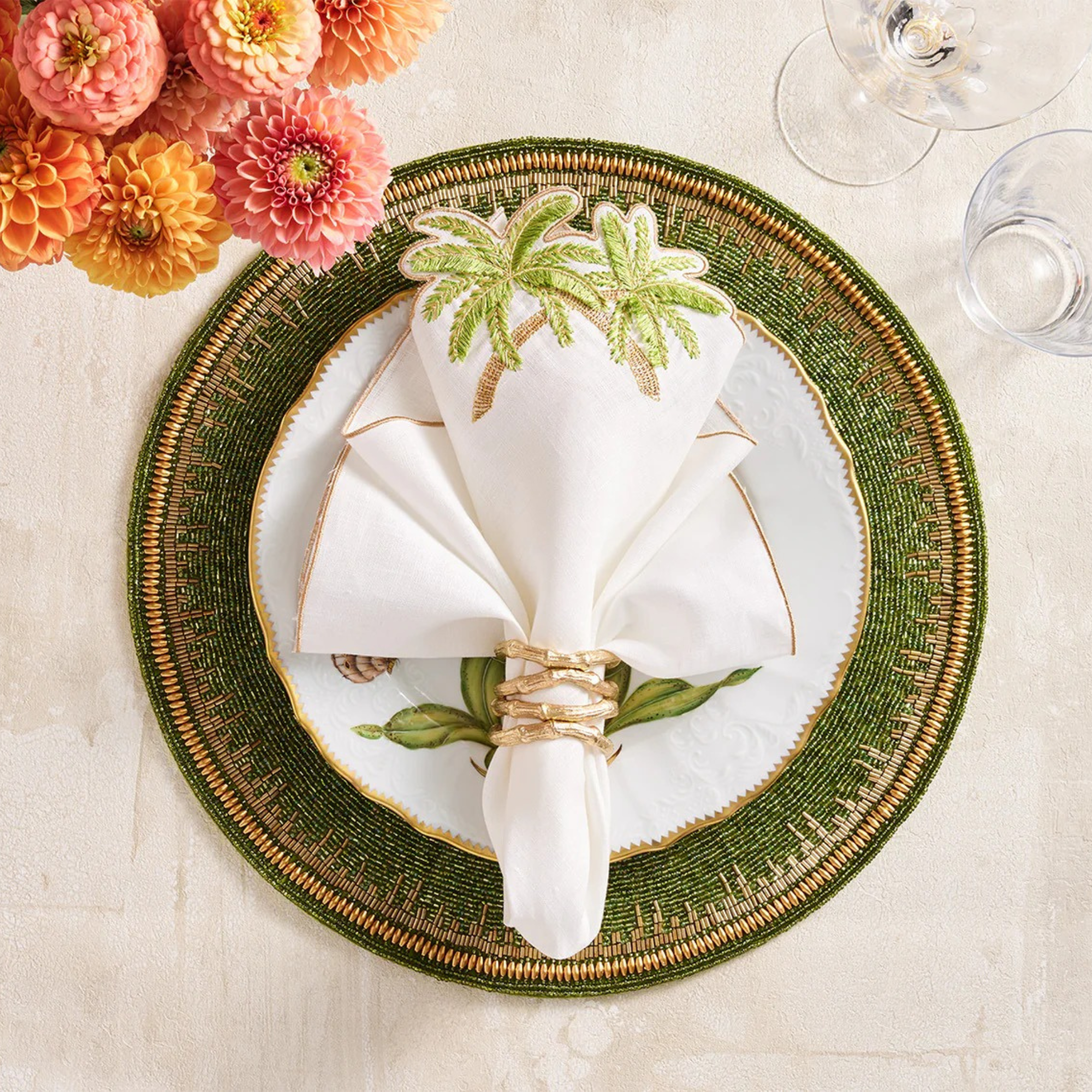 Palmera Napkin in White, Green & Gold - Set of 4