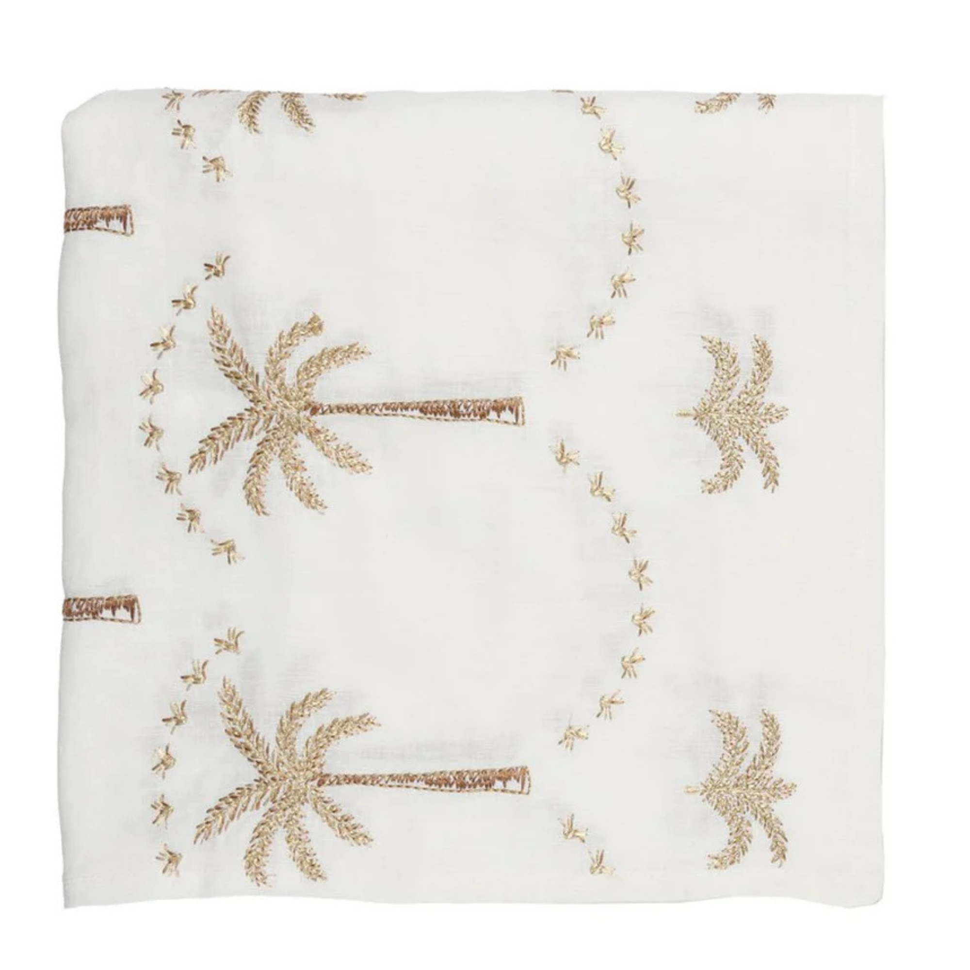 Embroidered Palm Tablecloth in White, Natural & Gold