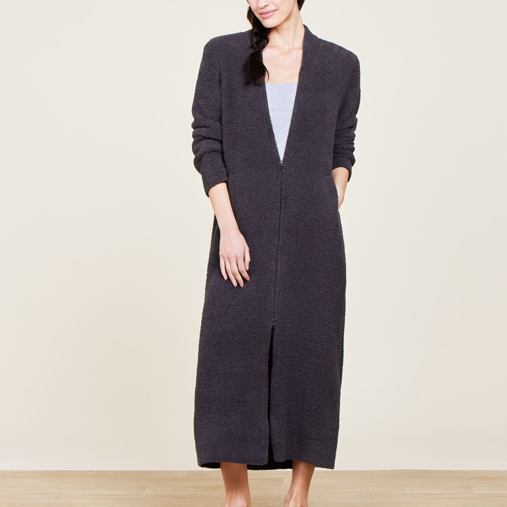 #color_Carbon | CozyChic Full Zip V-Neck Lounger