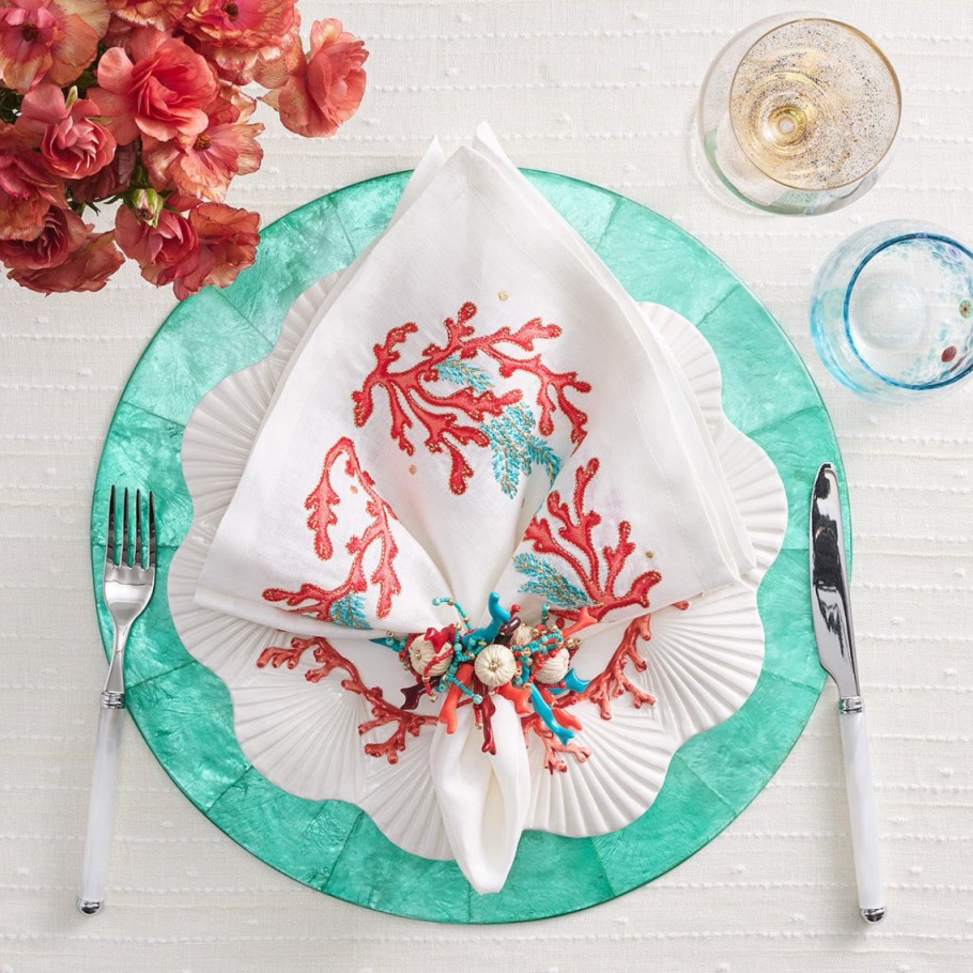 Coral Spray Napkin in White, Coral & Turquoise - Set of 4