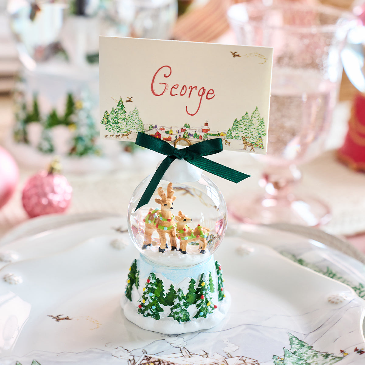 Berry & Thread North Pole Reindeer Snow Globe Place Card Holder - Set of 2