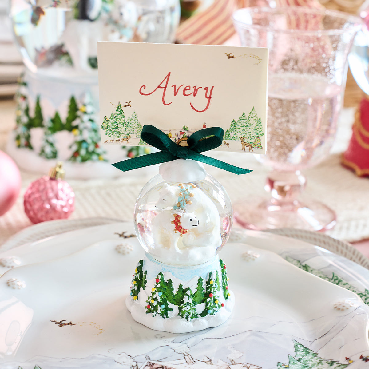 Berry & Thread North Pole Polar Bear Snow Globe Place Card Holder - Set of 2