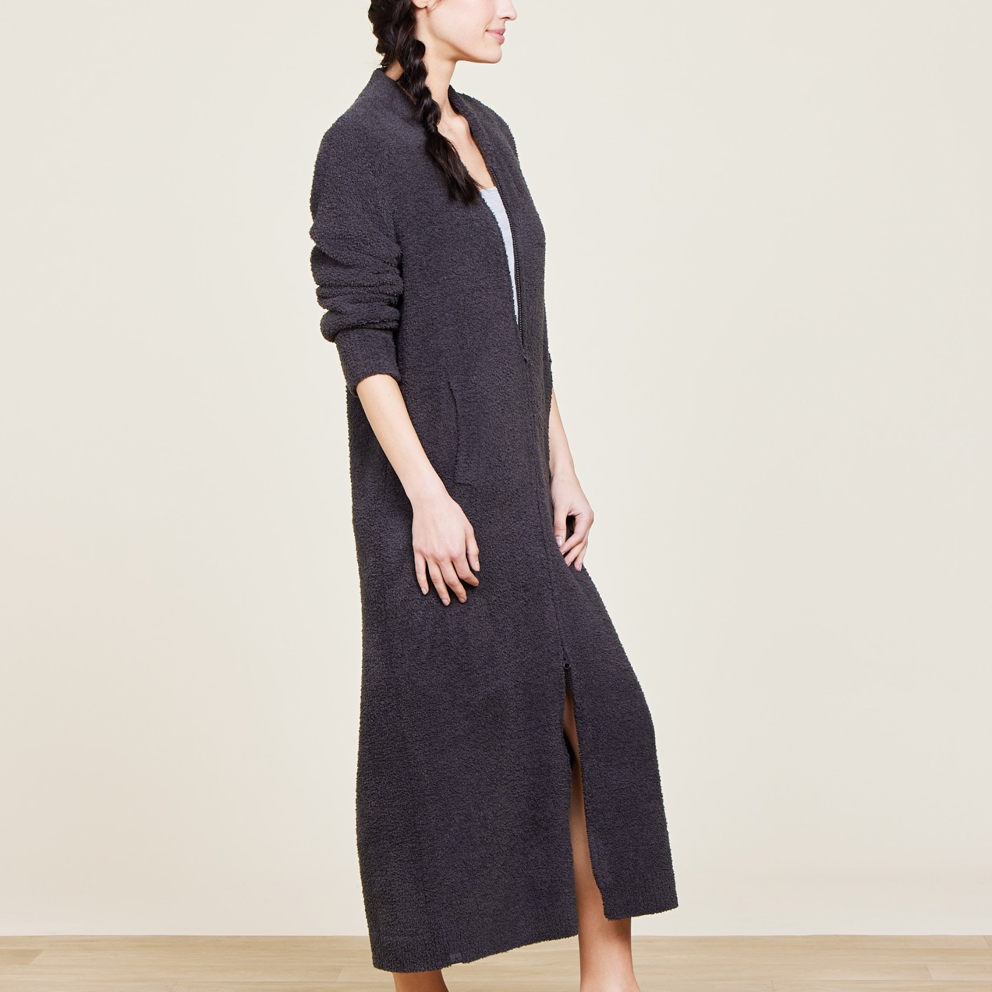 #color_Carbon | CozyChic Full Zip V-Neck Lounger