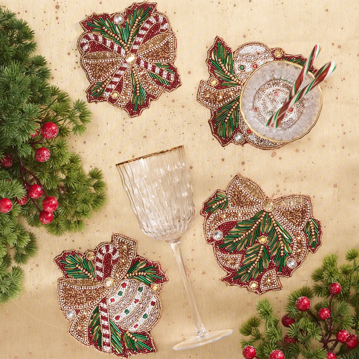 Candy Cane Bow Drink Coasters in Red, Green & Gold - Set of 4