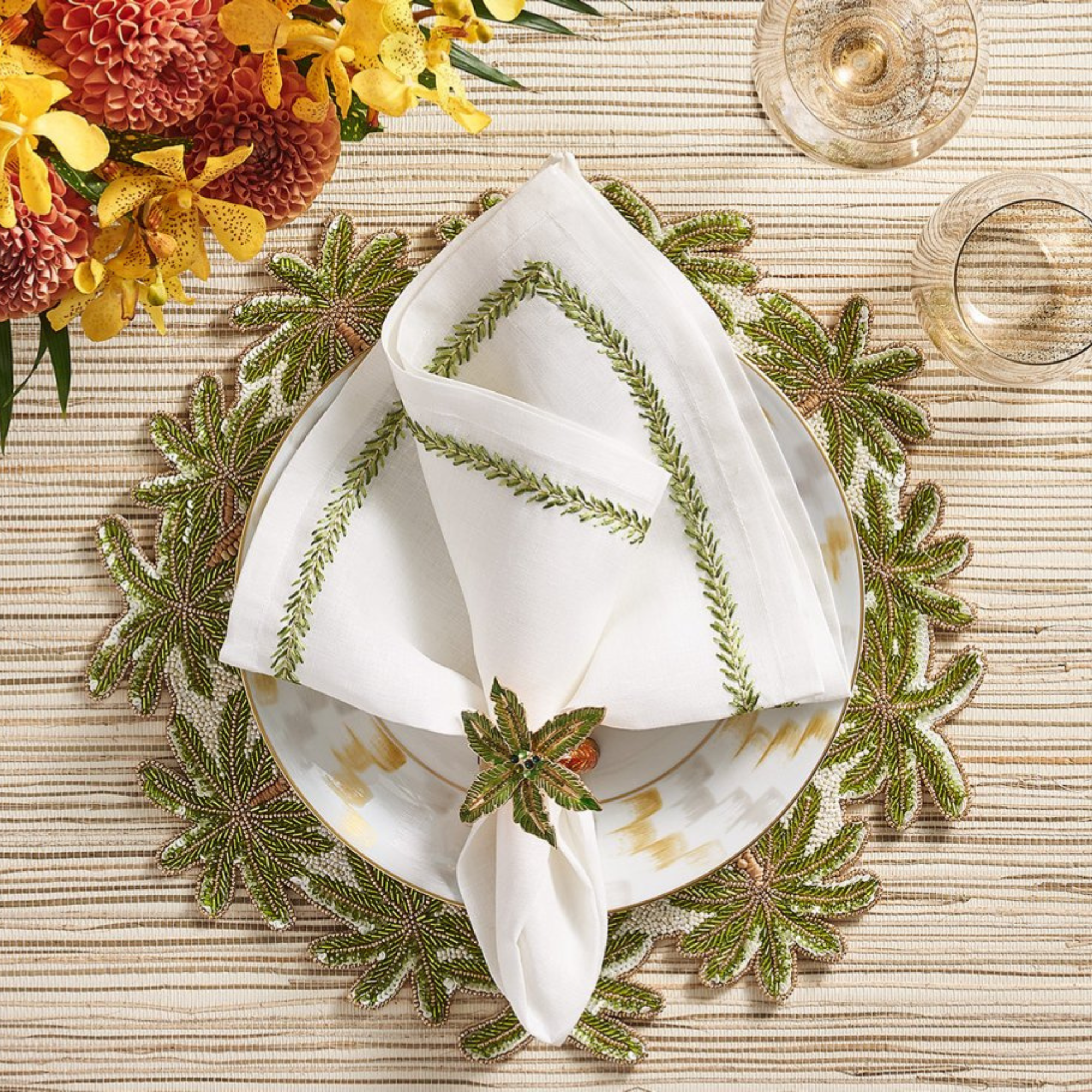 Jardin Napkins in White & Green - Set of 4