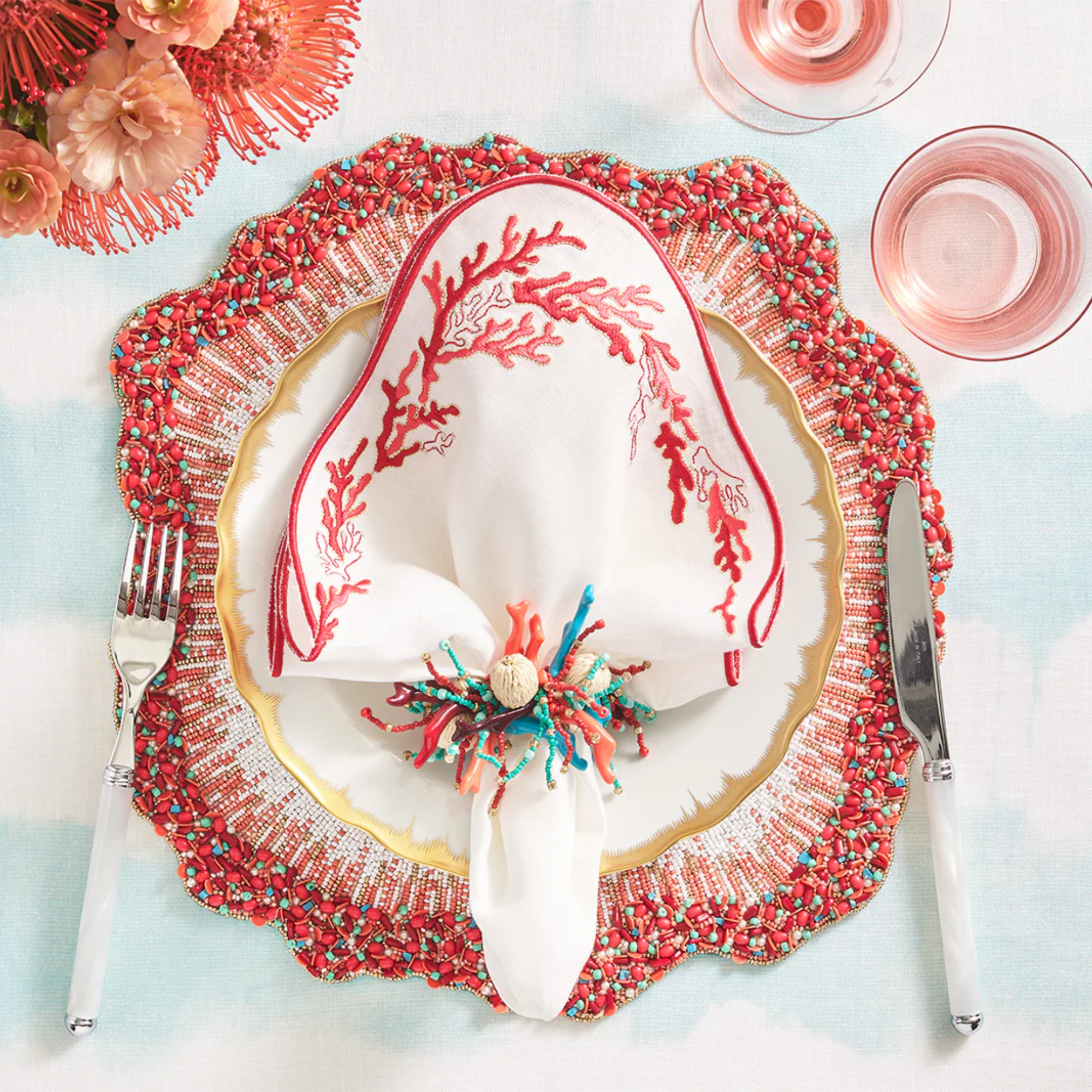 Coral Spray Napkin Rings - Set of 4