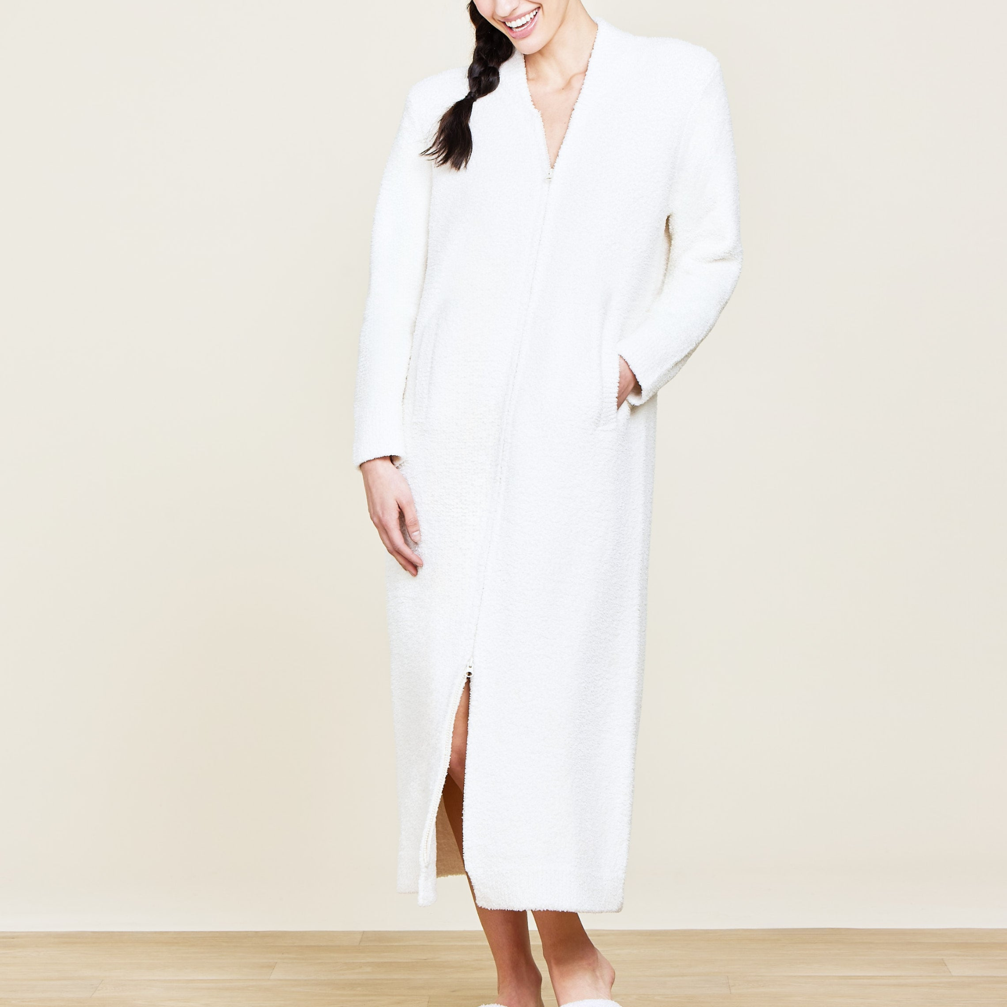 #color_Cream | CozyChic Full Zip V-Neck Lounger