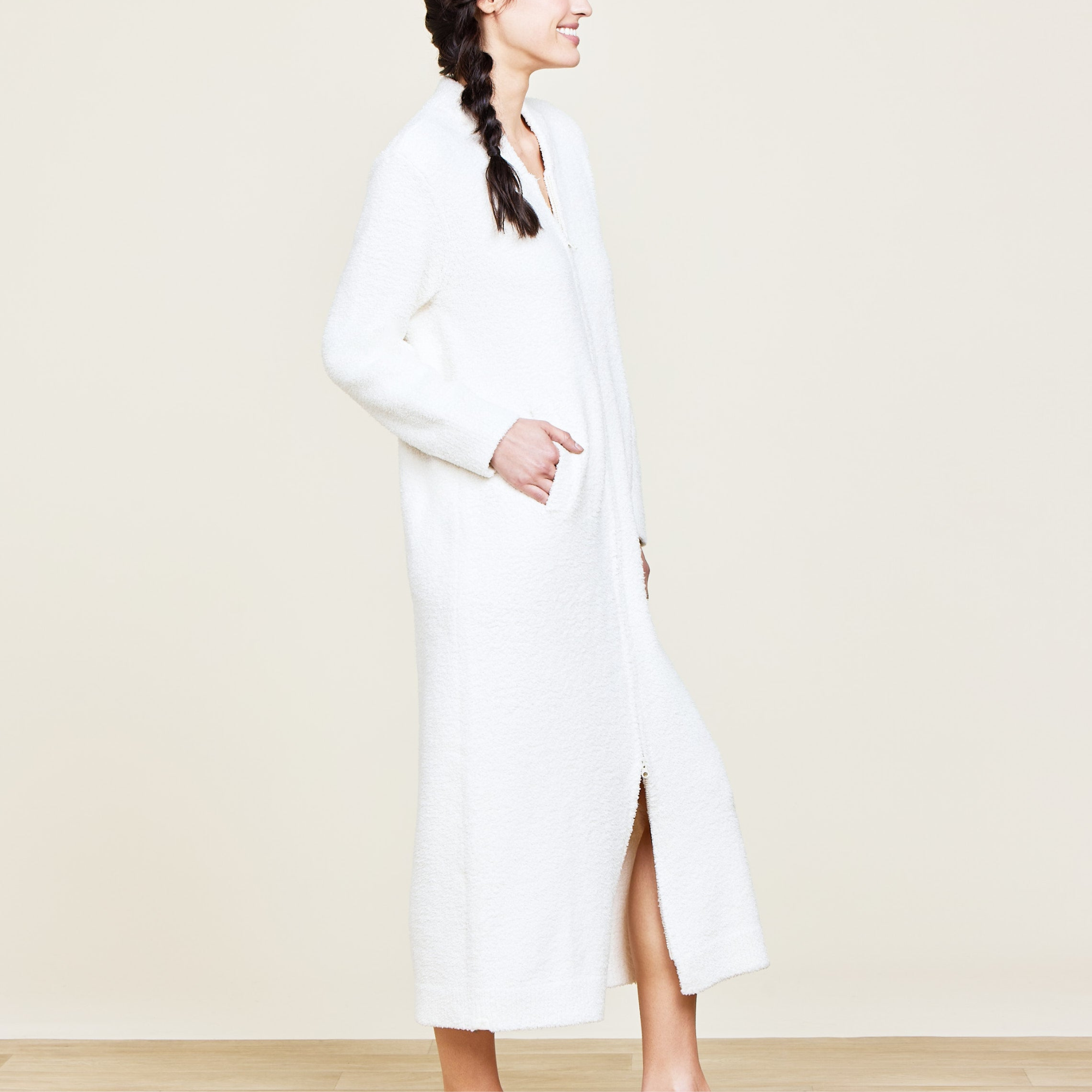 #color_Cream | CozyChic Full Zip V-Neck Lounger