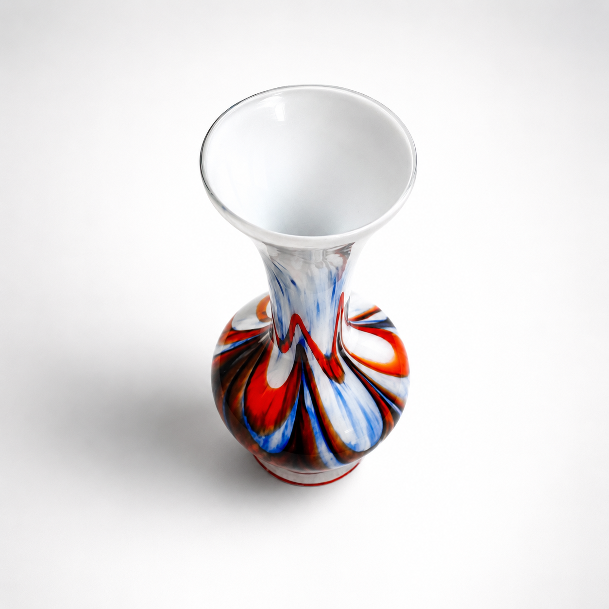 Vintage Feathered Vase in Orange, White, and Blue