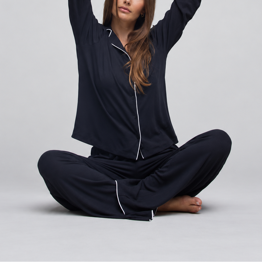 Ultra Soft Rib Long Sleeve Sleep Shirt - Black / Pearl