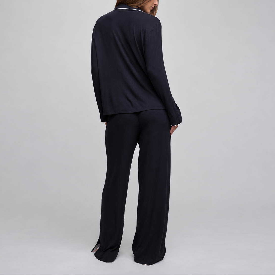 Ultra Soft Rib Long Sleeve Sleep Shirt - Black / Pearl