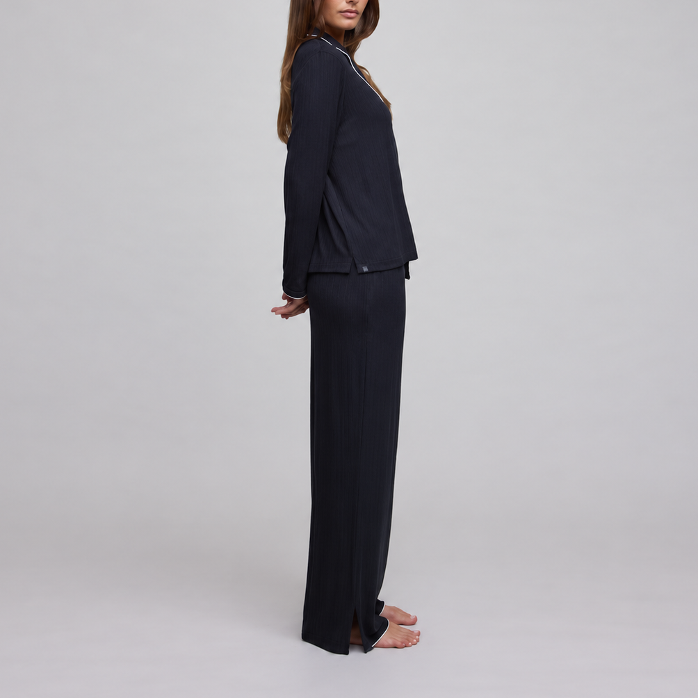 Ultra Soft Rib Long Sleeve Sleep Shirt - Black / Pearl