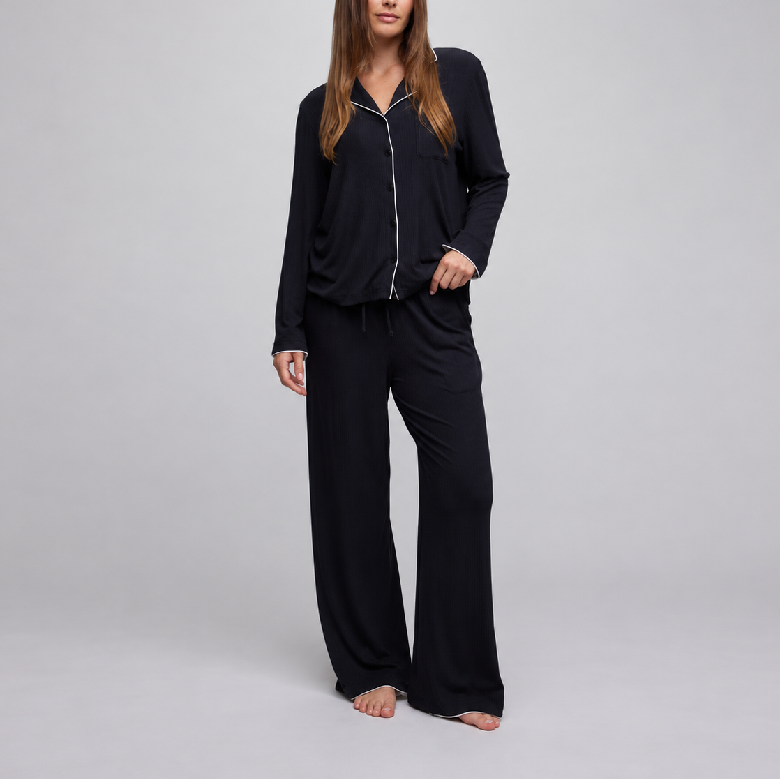 Ultra Soft Rib Long Sleeve Sleep Shirt - Black / Pearl