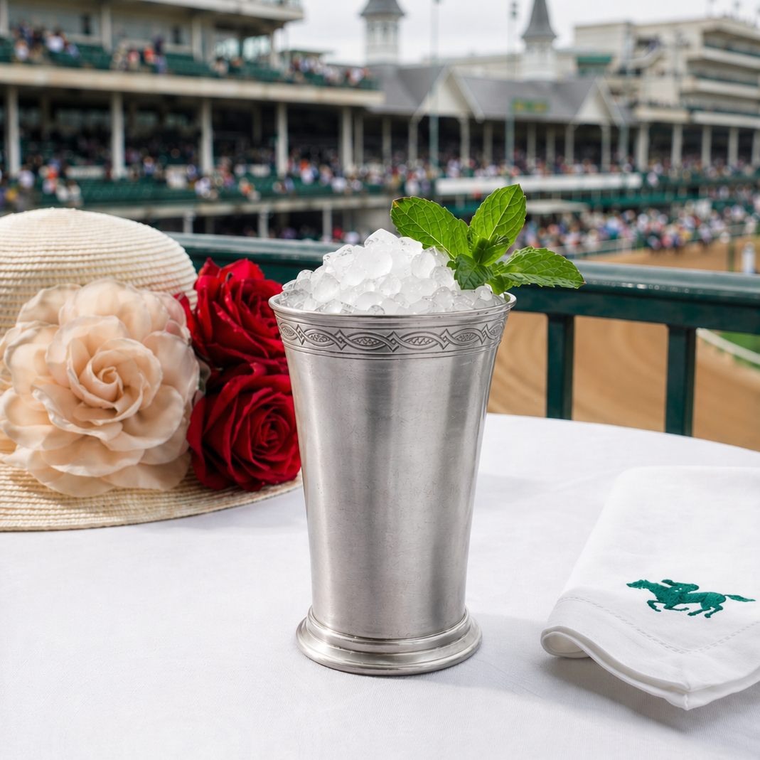Mint julep with a hat and roses on a table at a horse race track.