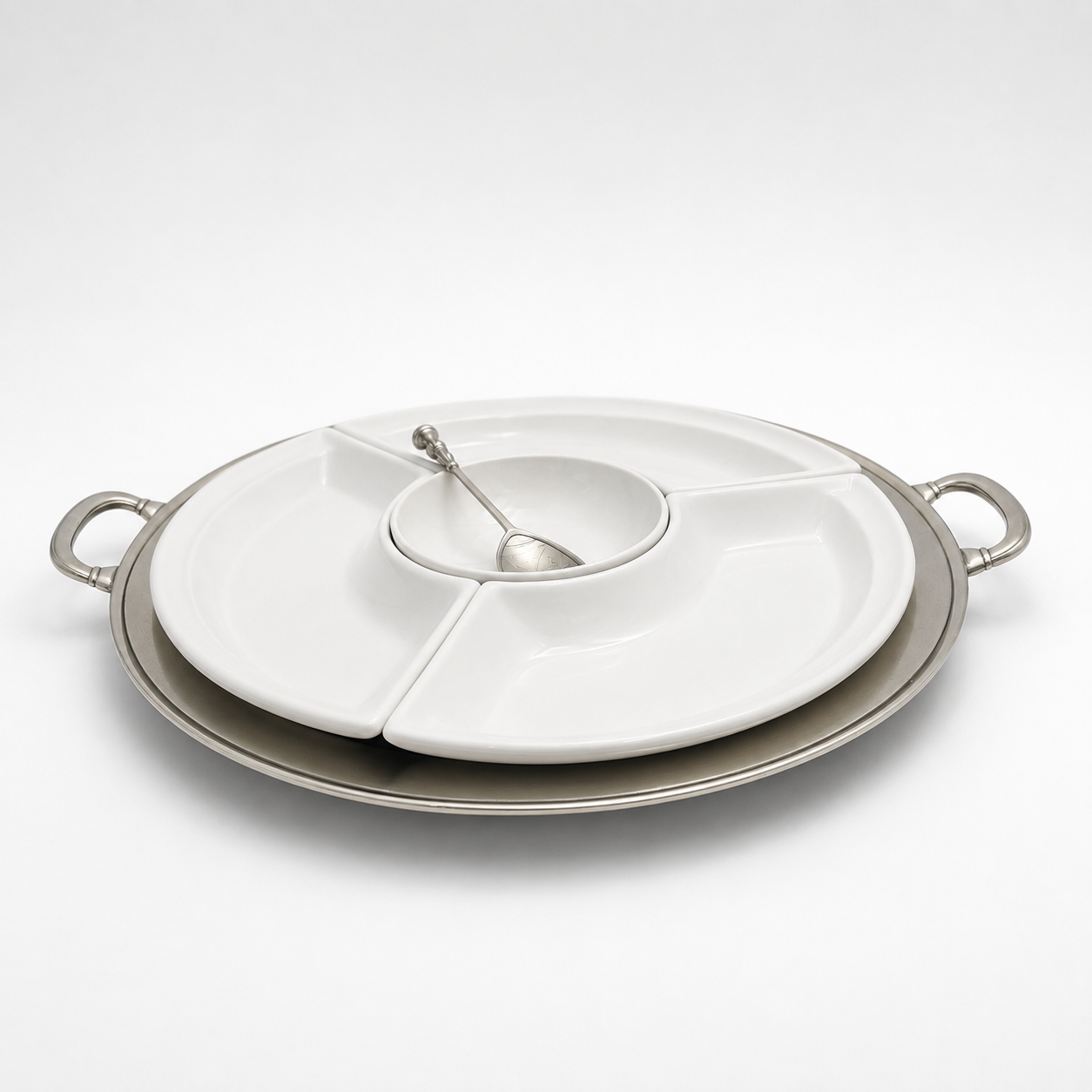 Convivio Round Sectional Platter & Pewter Cavalier Spoon Bundle