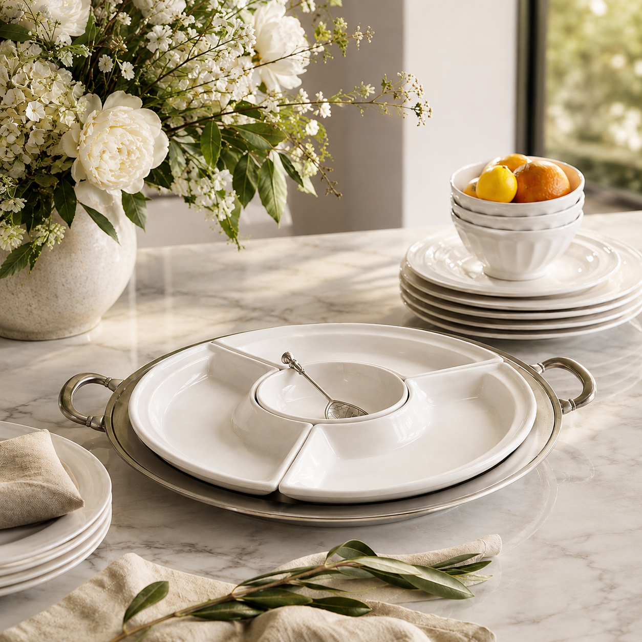 Convivio Round Sectional Platter & Pewter Cavalier Spoon Bundle