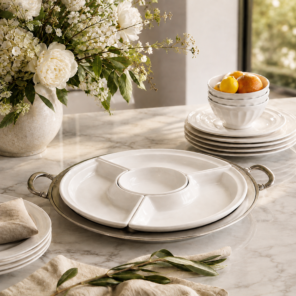 Convivio Round Sectional Platter & Pewter Cavalier Spoon Bundle