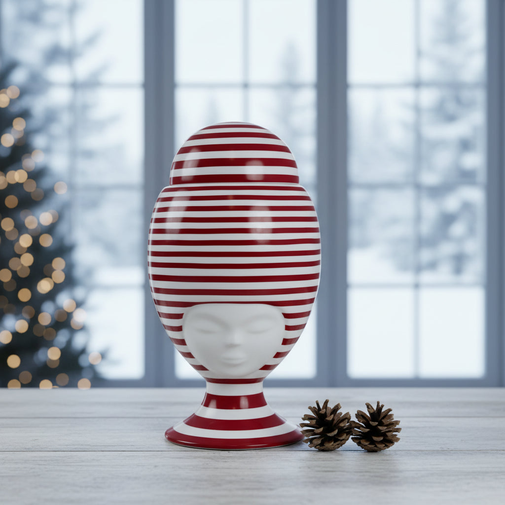 Sister Helen California Vase in Matte White with Red Stripes