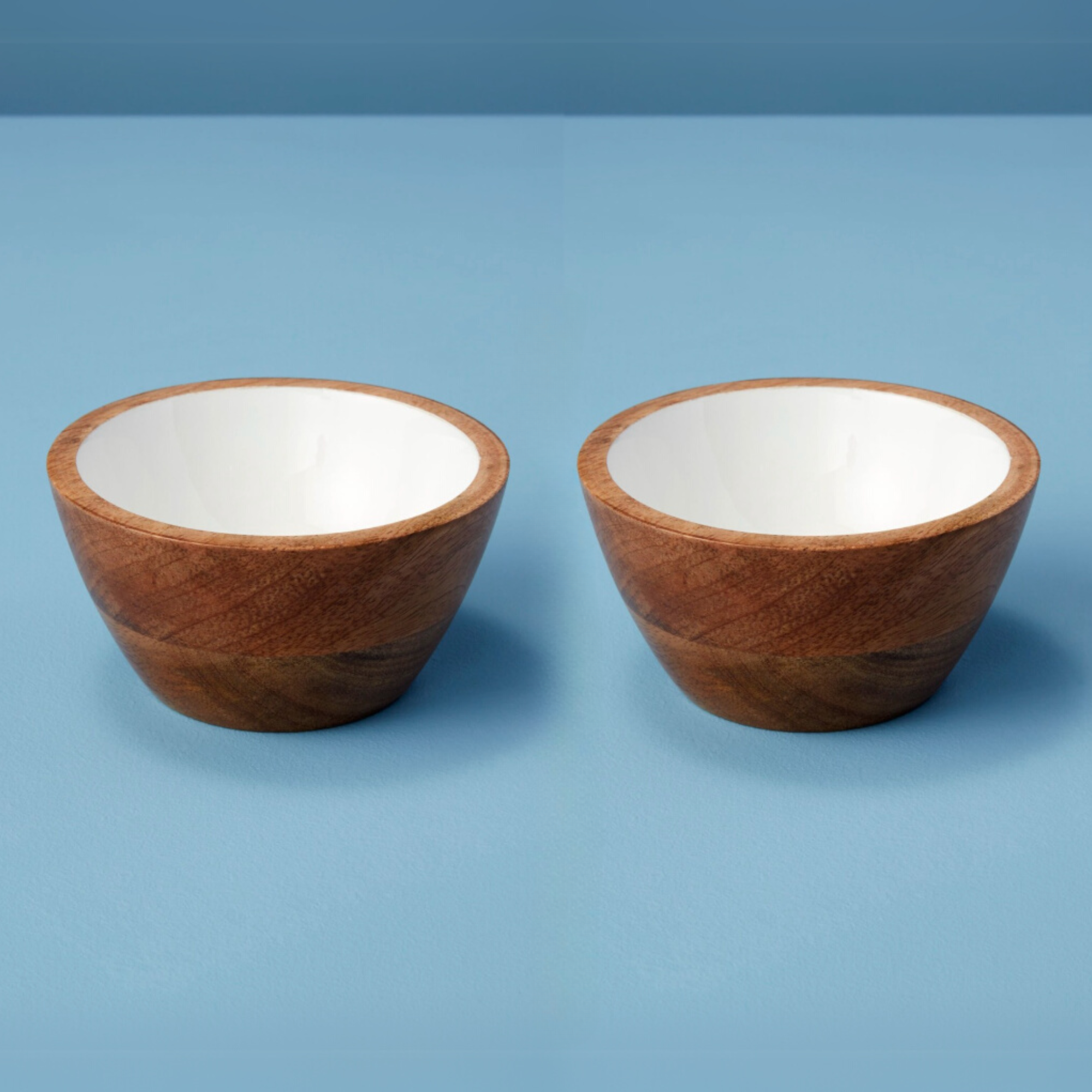 Madras Small Mango Wood & White Enamel Bowl - Set of 2