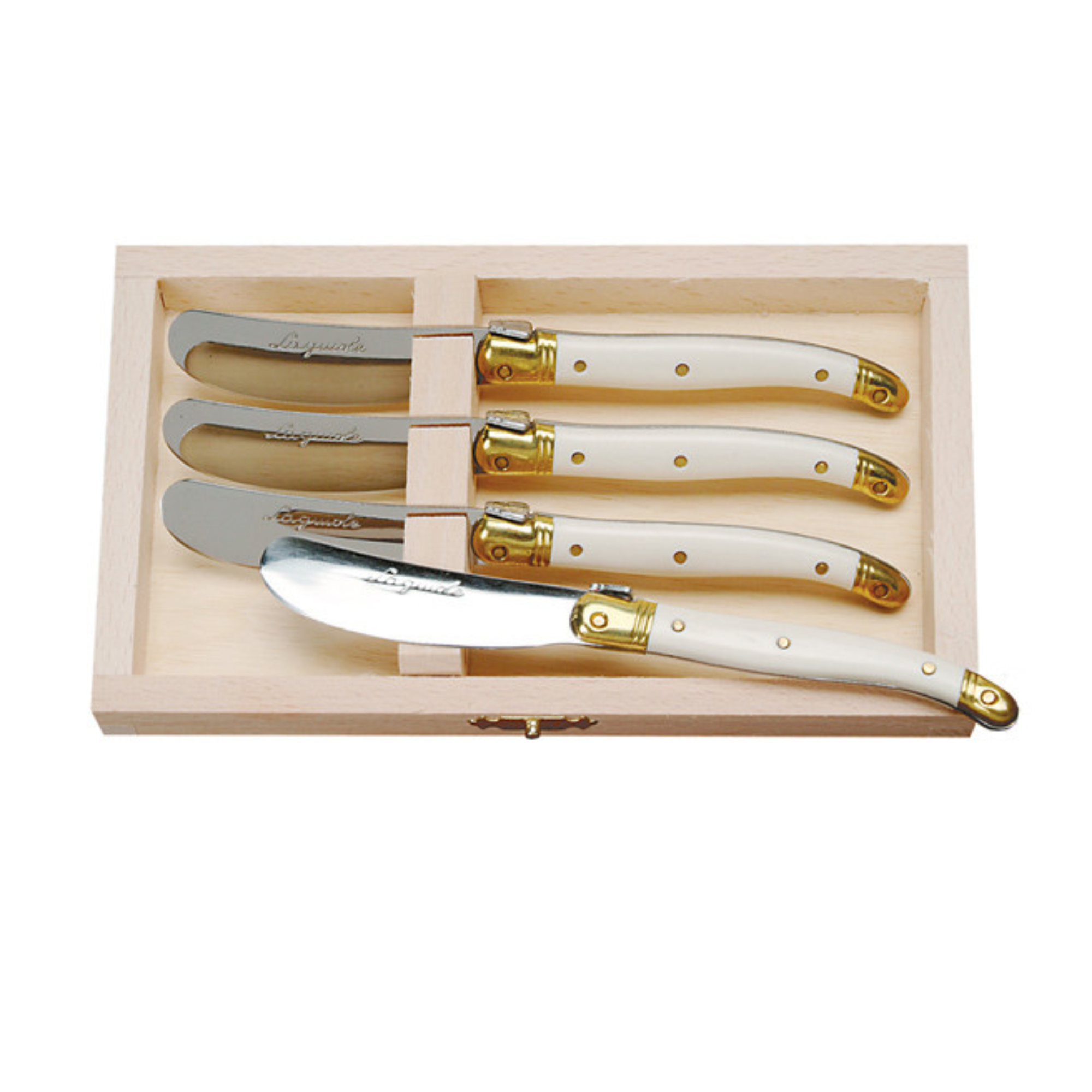 Laguiole by Jean Dubost 4 Spreaders with Ivory handles in Wood Box