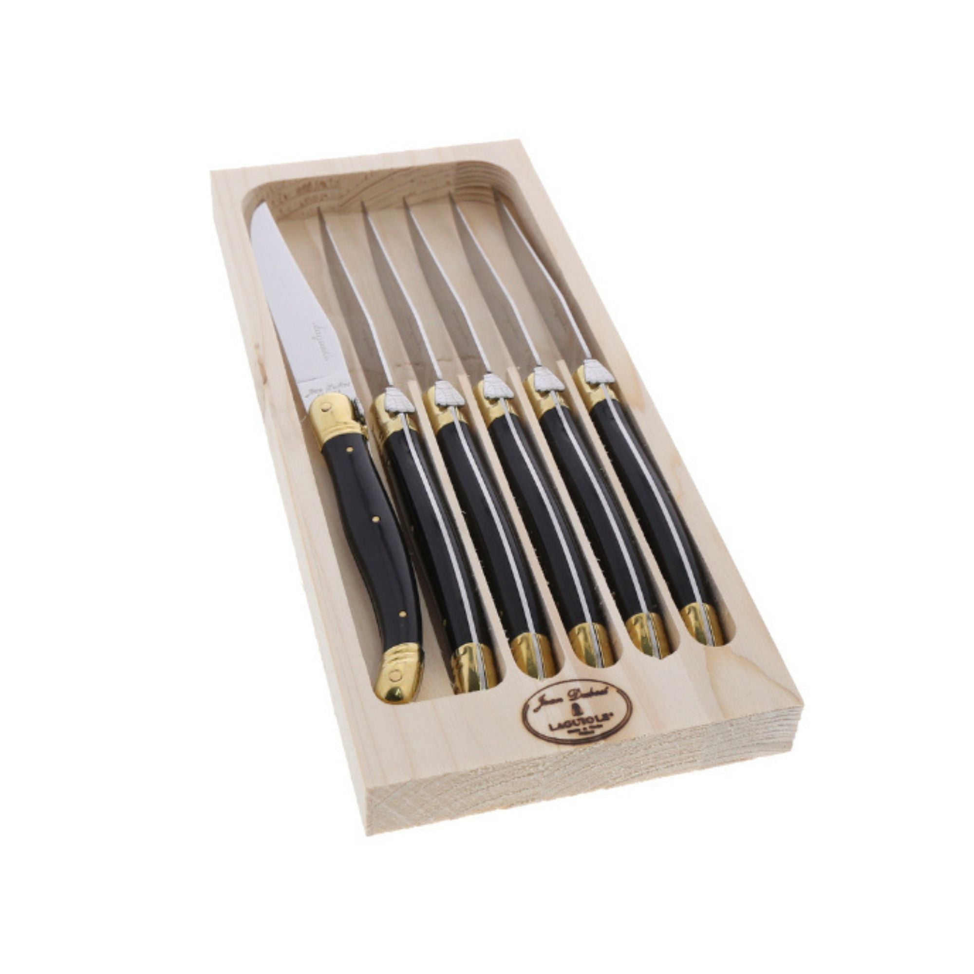 Laguiole by Jean Dubost 6 Knives in a Tray in Black and Brass