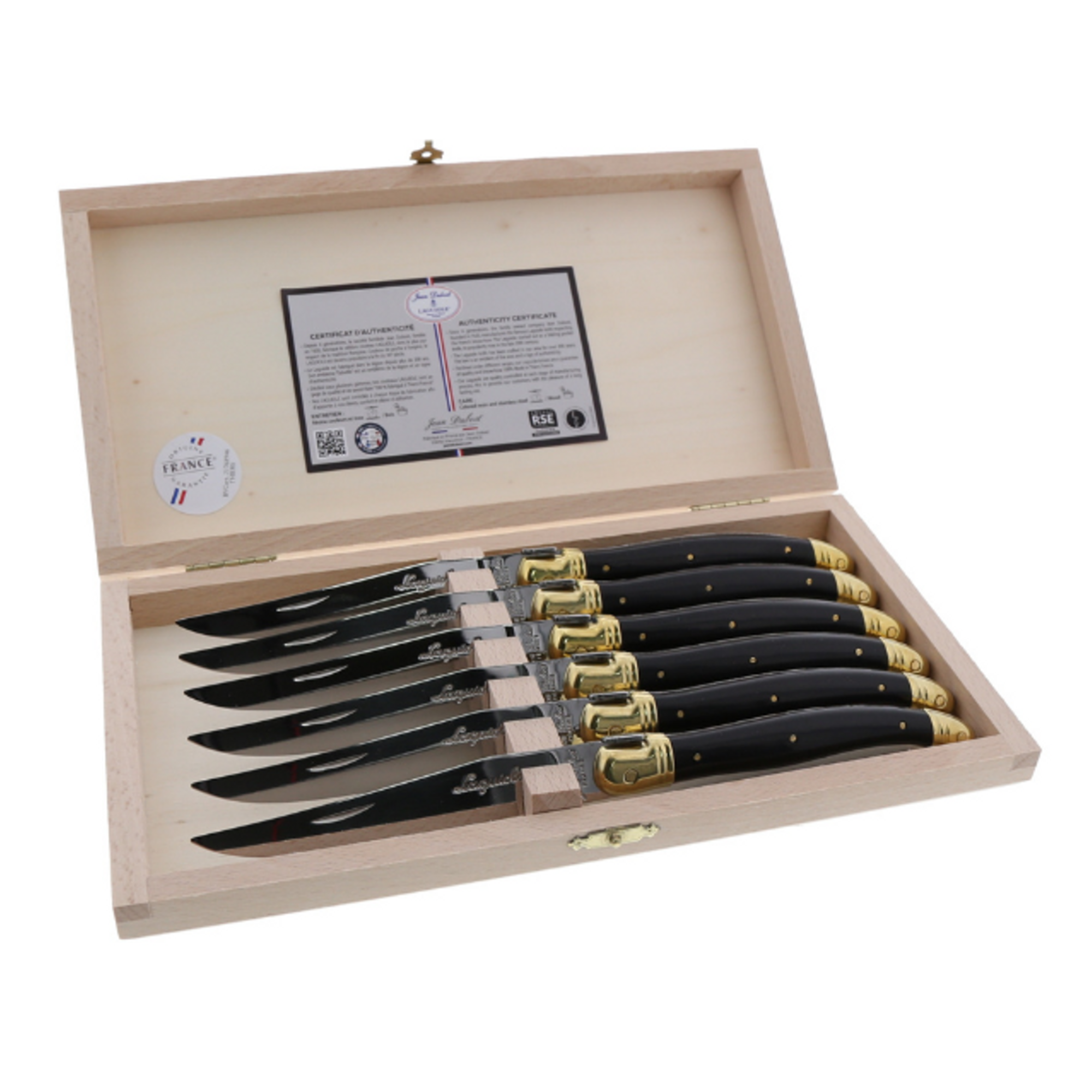 Jean Dubost Steak Knives with Black and Brass Handles in Box - Set of 6