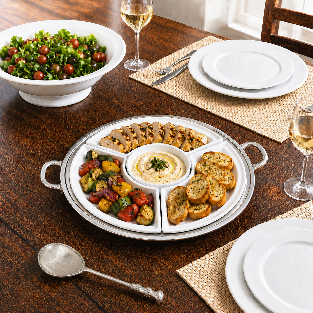 Convivio Round Sectional Platter & Pewter Cavalier Spoon Bundle