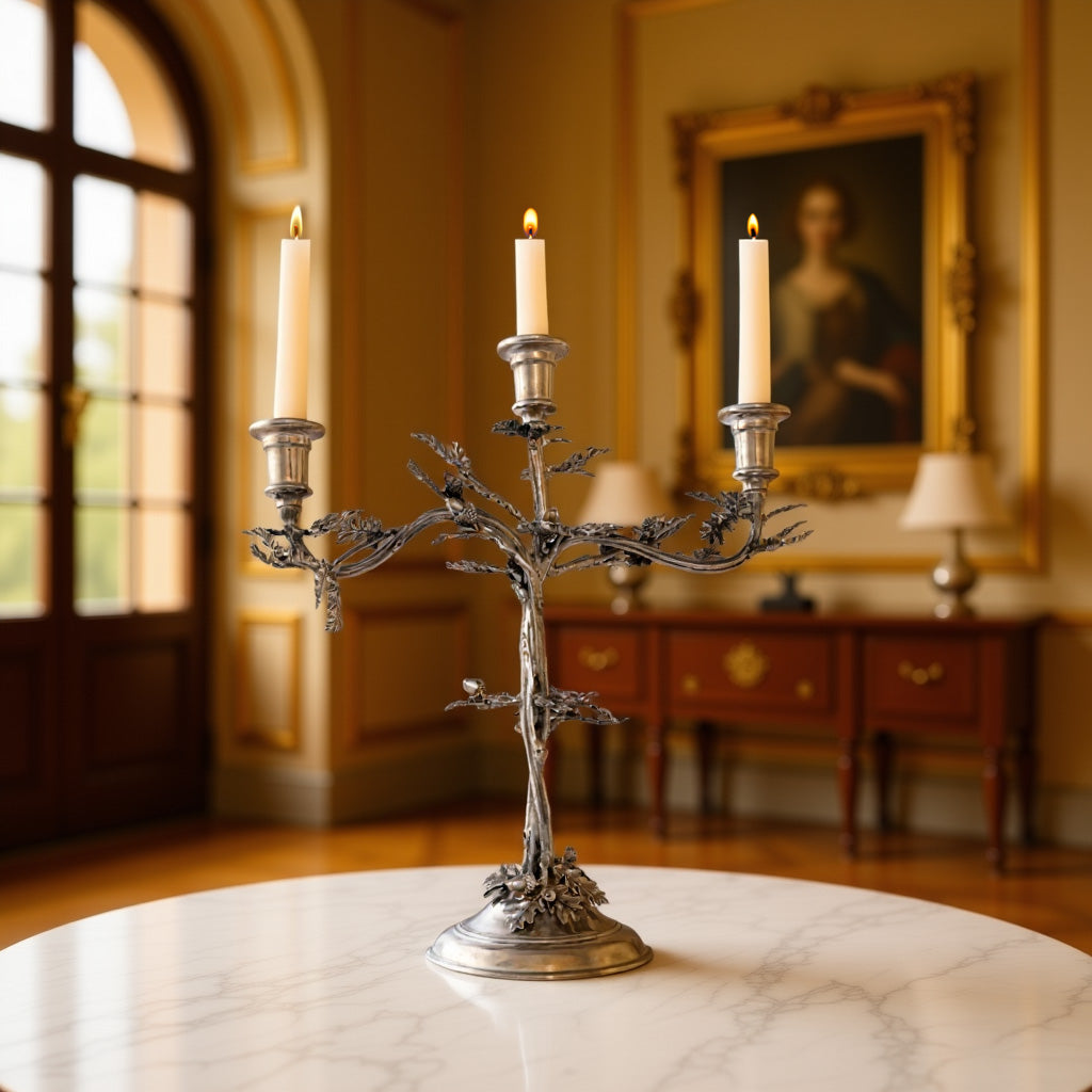 Three Taper Pewter Oak Leaf Candelabrum